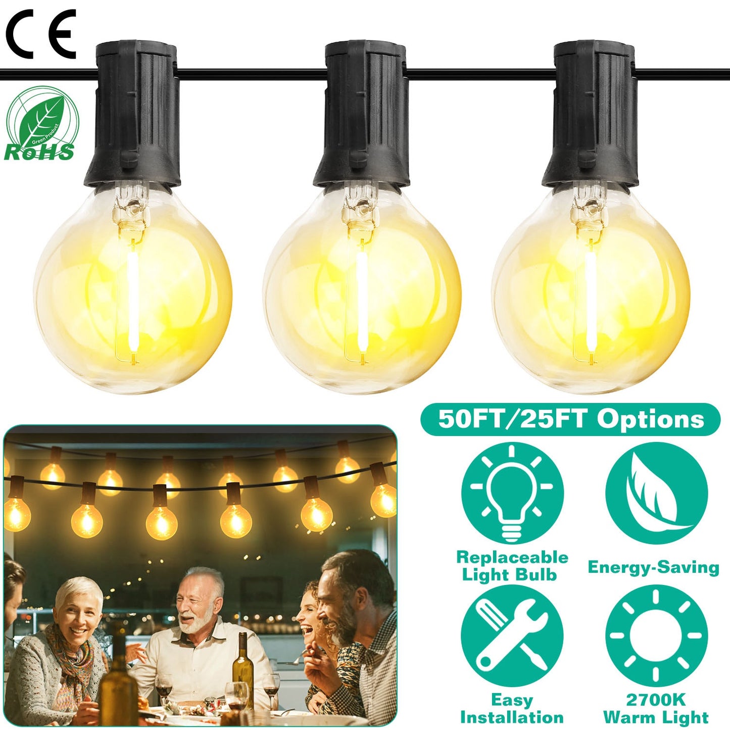Globe String Lights 25FT Outdoor Indoor with 25 Warm Bulbs