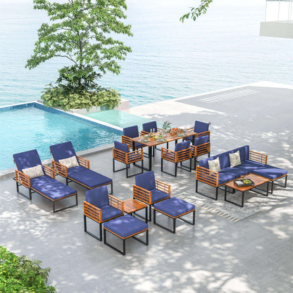 3-Piece Acacia Wood Patio Conversation Set with Navy Cushions