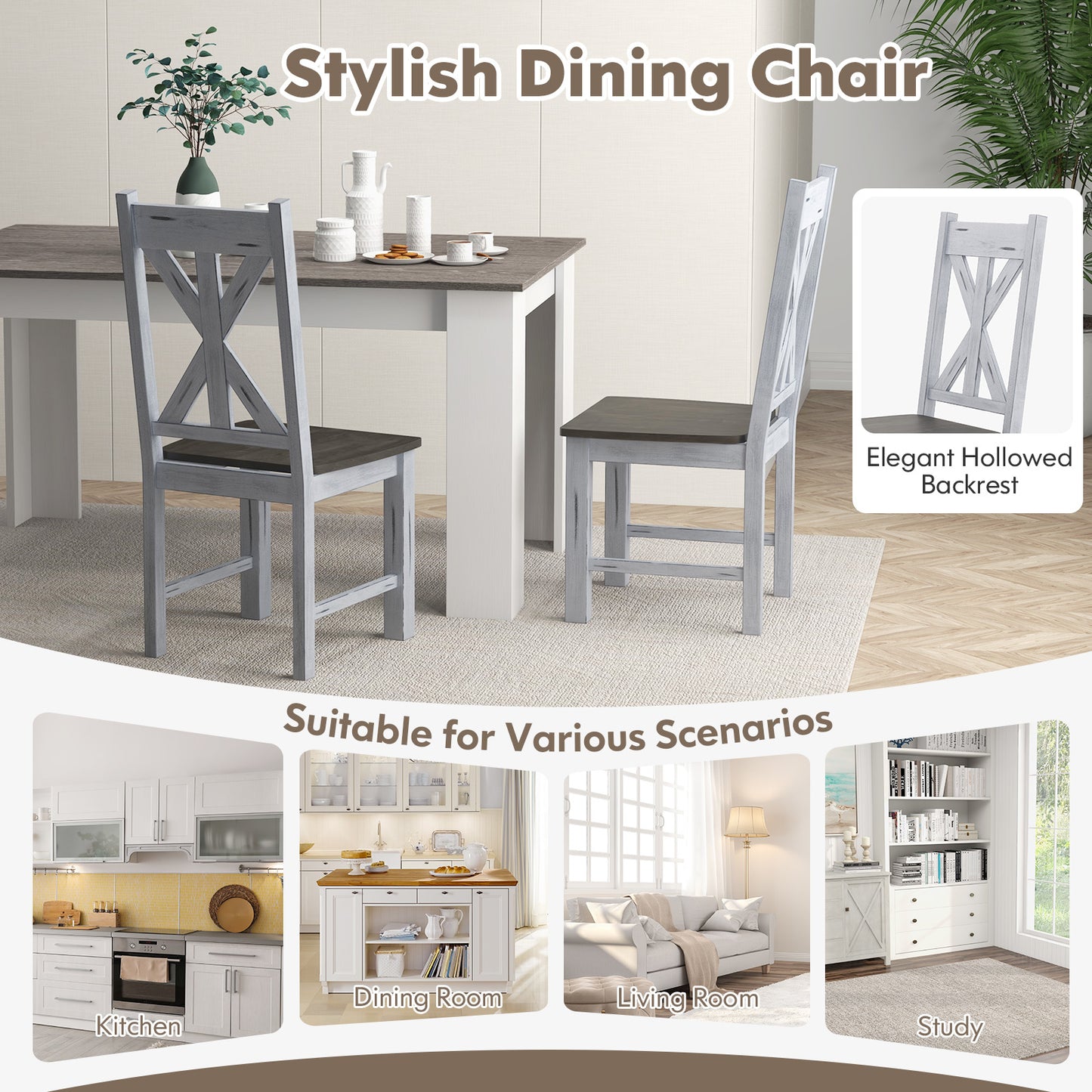 Farmhouse Dining Chairs Set of 2 with Hollowed Backrest