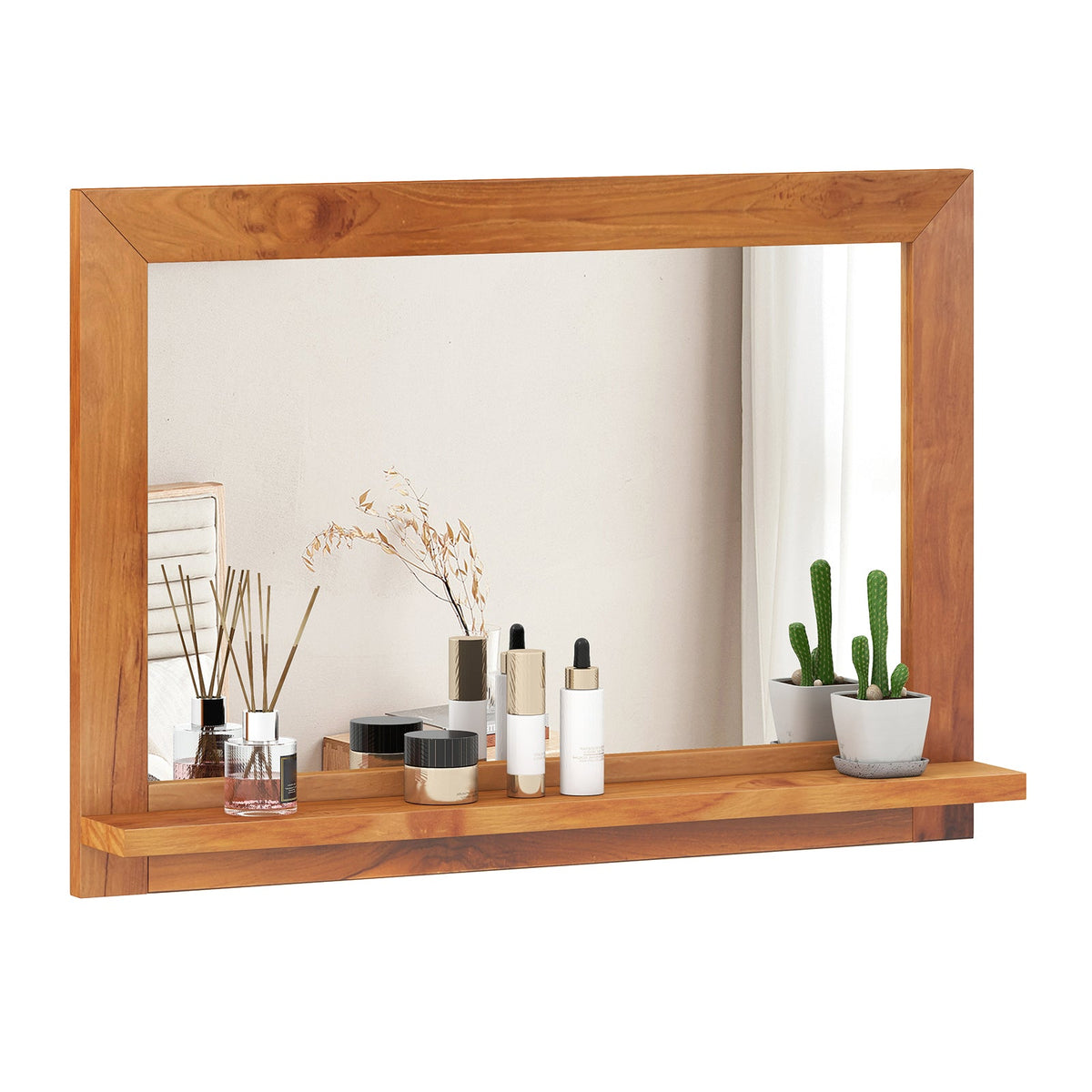 Farmhouse Wall Mirror with Shelf and Teak Wood Frame