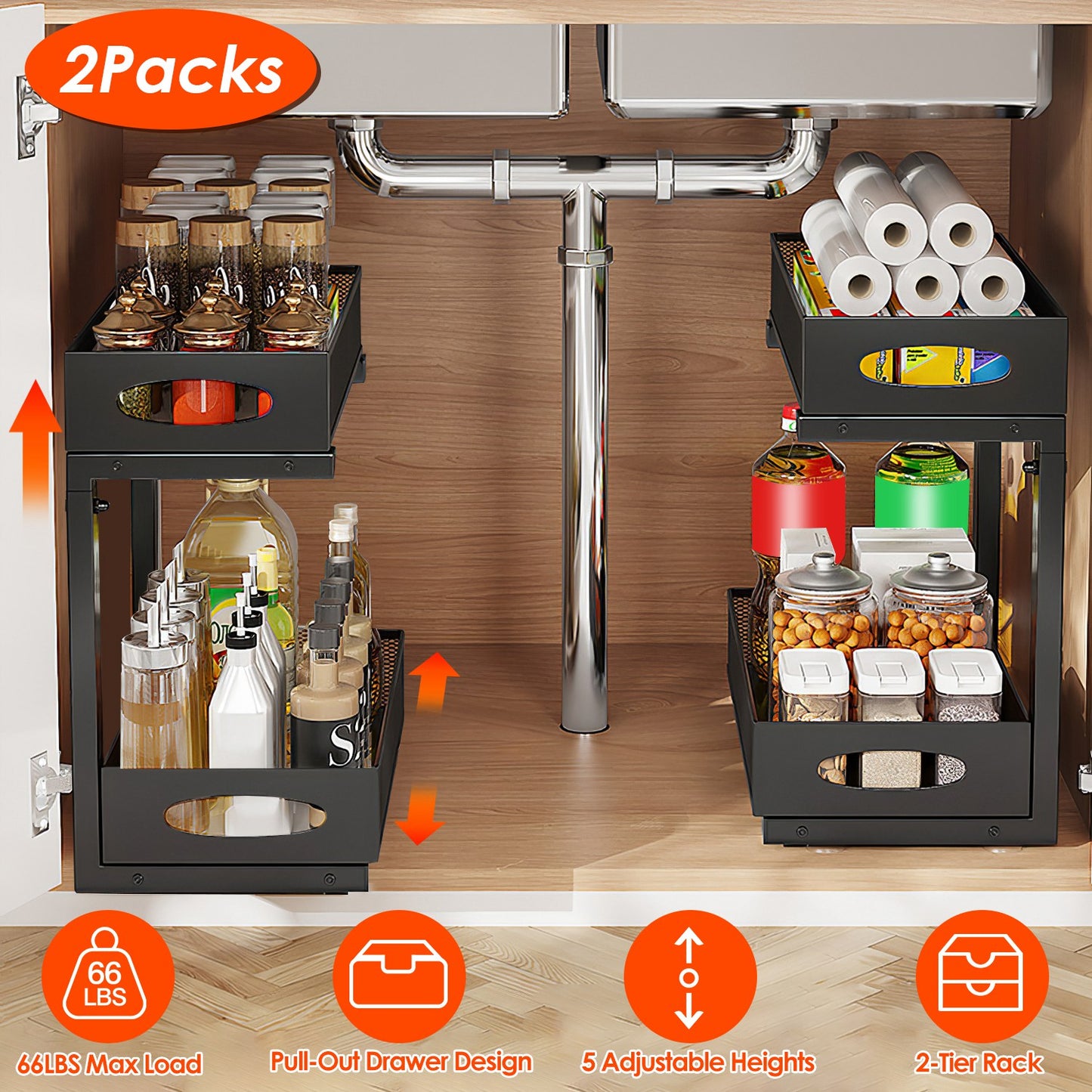 2-Tier Pull-Out Under Sink Organizer with Adjustable Height