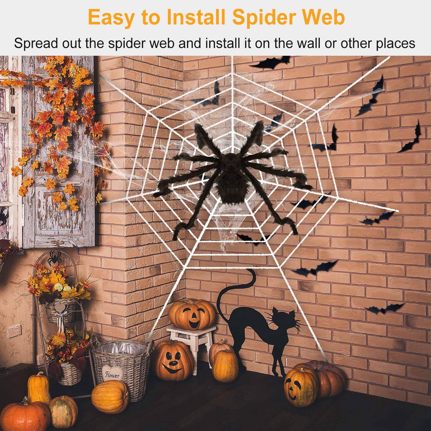 Giant Halloween Spider Decoration with 126" Spider Web Set
