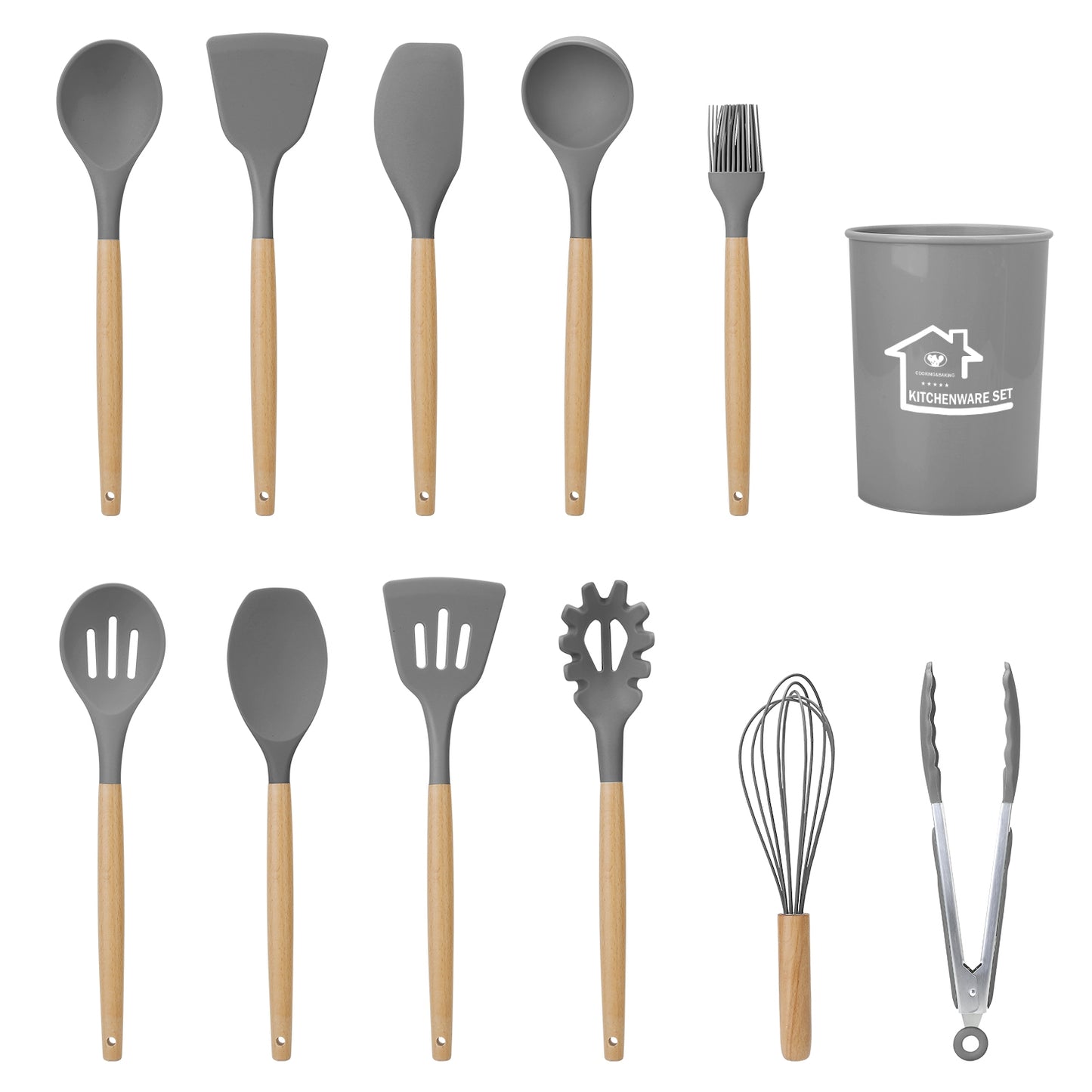 Silicone Cooking Utensil Set, 11-Piece with Wooden Handles
