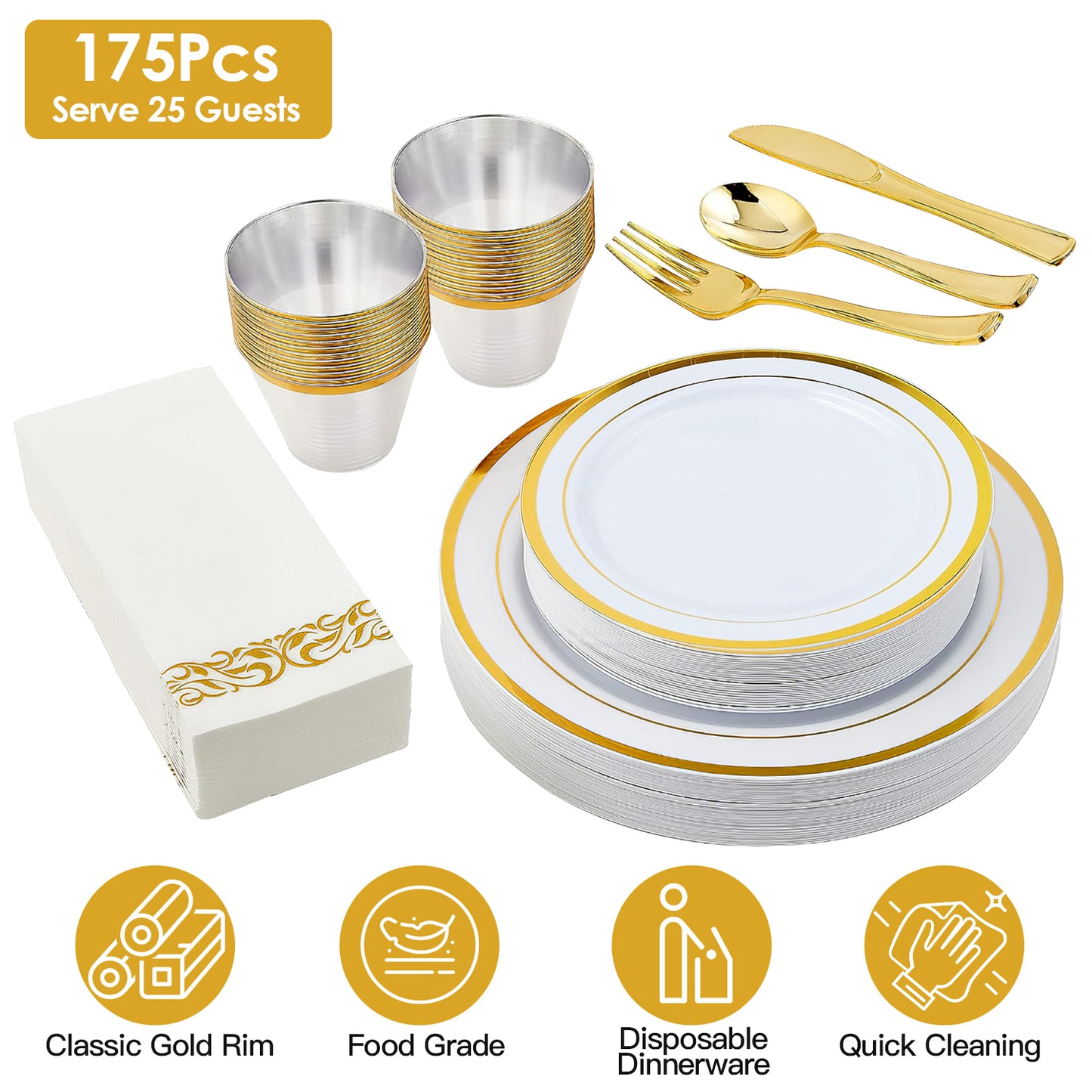 Disposable Gold Rim Dinnerware Set - 175 Pieces for 25 Guests