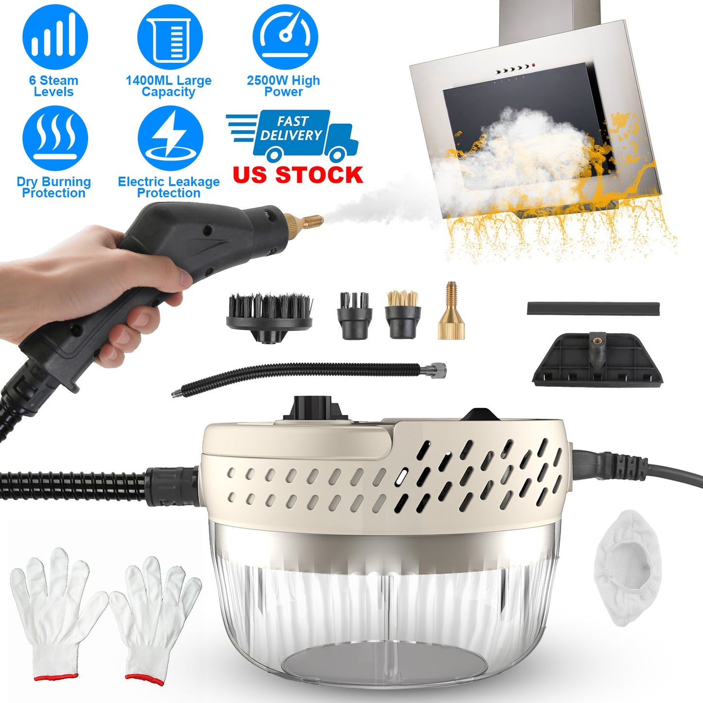 Handheld Steam Cleaner 2500W with 9 Accessories & 6 Levels