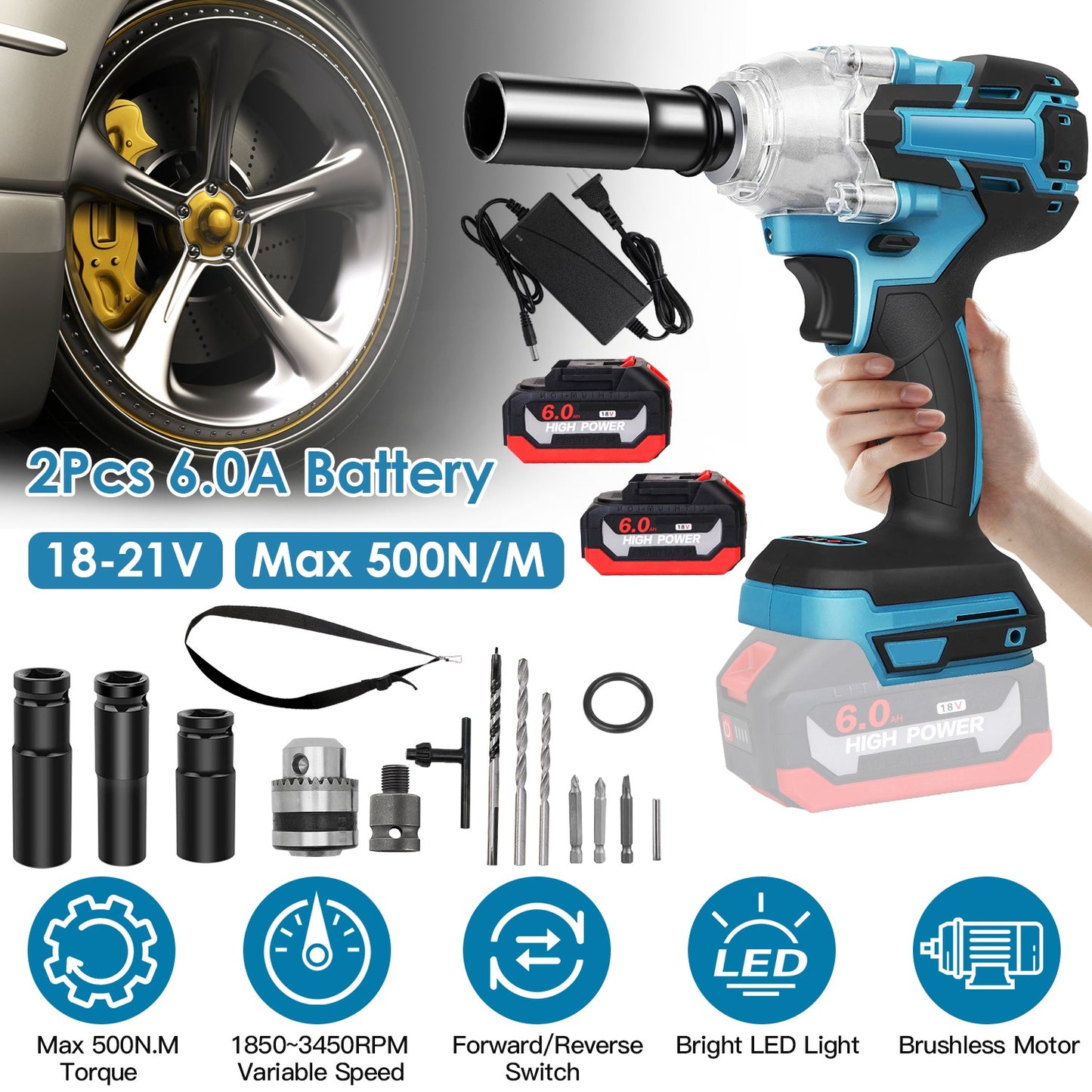 Cordless Impact Wrench 3-in-1 with Brushless Motor & 2 Batteries