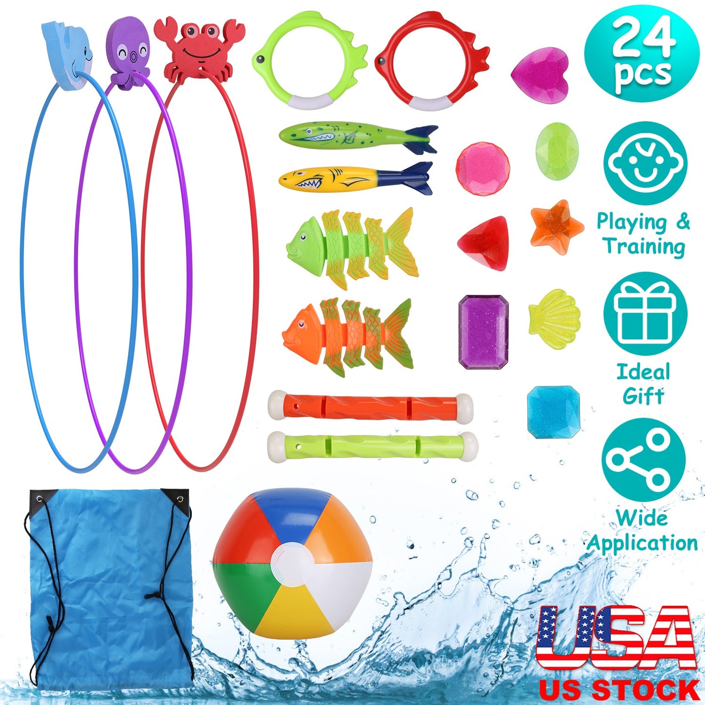 Swimming Pool Diving Toys Set - 24 Pieces with Storage Bag