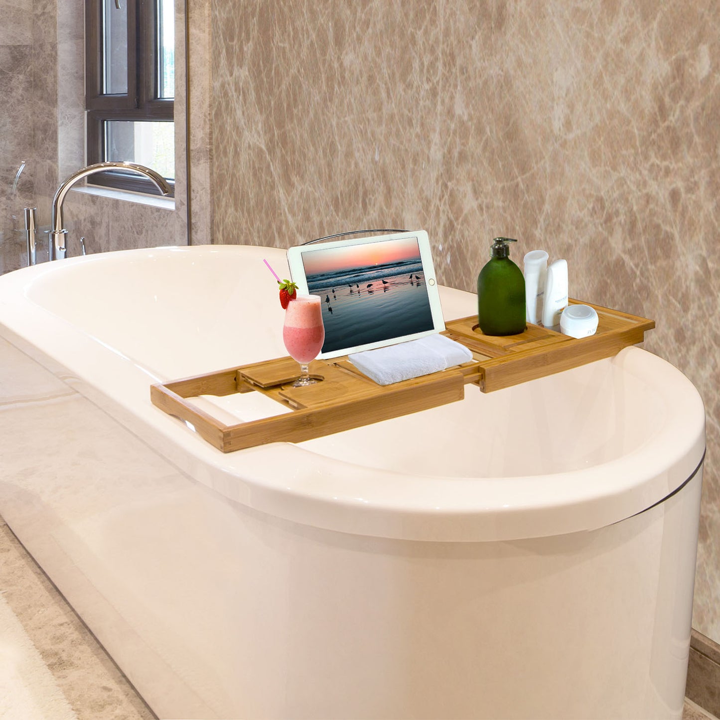 Bamboo Bathtub Caddy Tray with Extendable Arms & Wine Holder