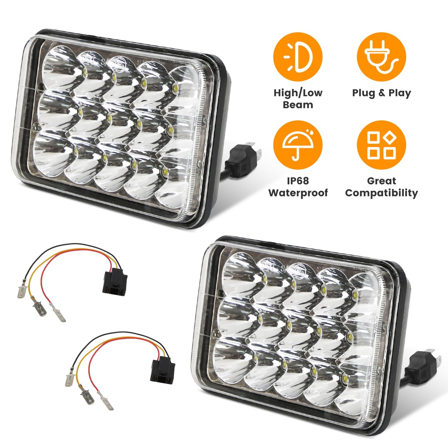 4x6 Inch LED Headlights with High/Low Beam for Cars & Trucks