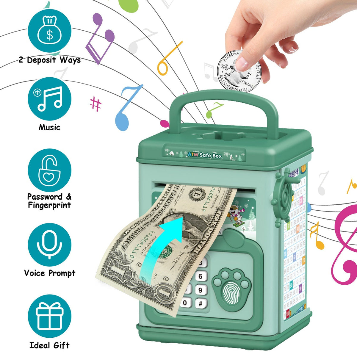 Piggy Bank Toy Cash Coin Money Bank Money Saving Box with Password Fingerprint Voice Prompt Folding Handle for 3+ Years Old Boys Girls