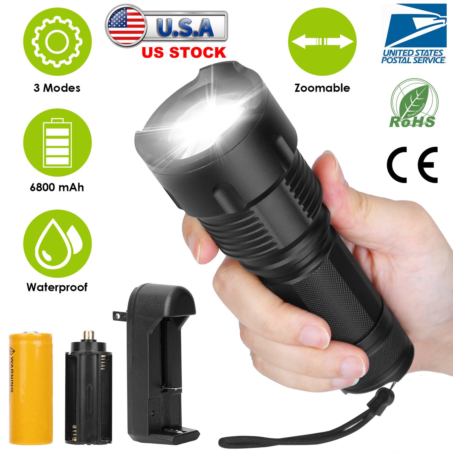 Rechargeable LED Flashlight with Zoomable Focus & 3 Modes