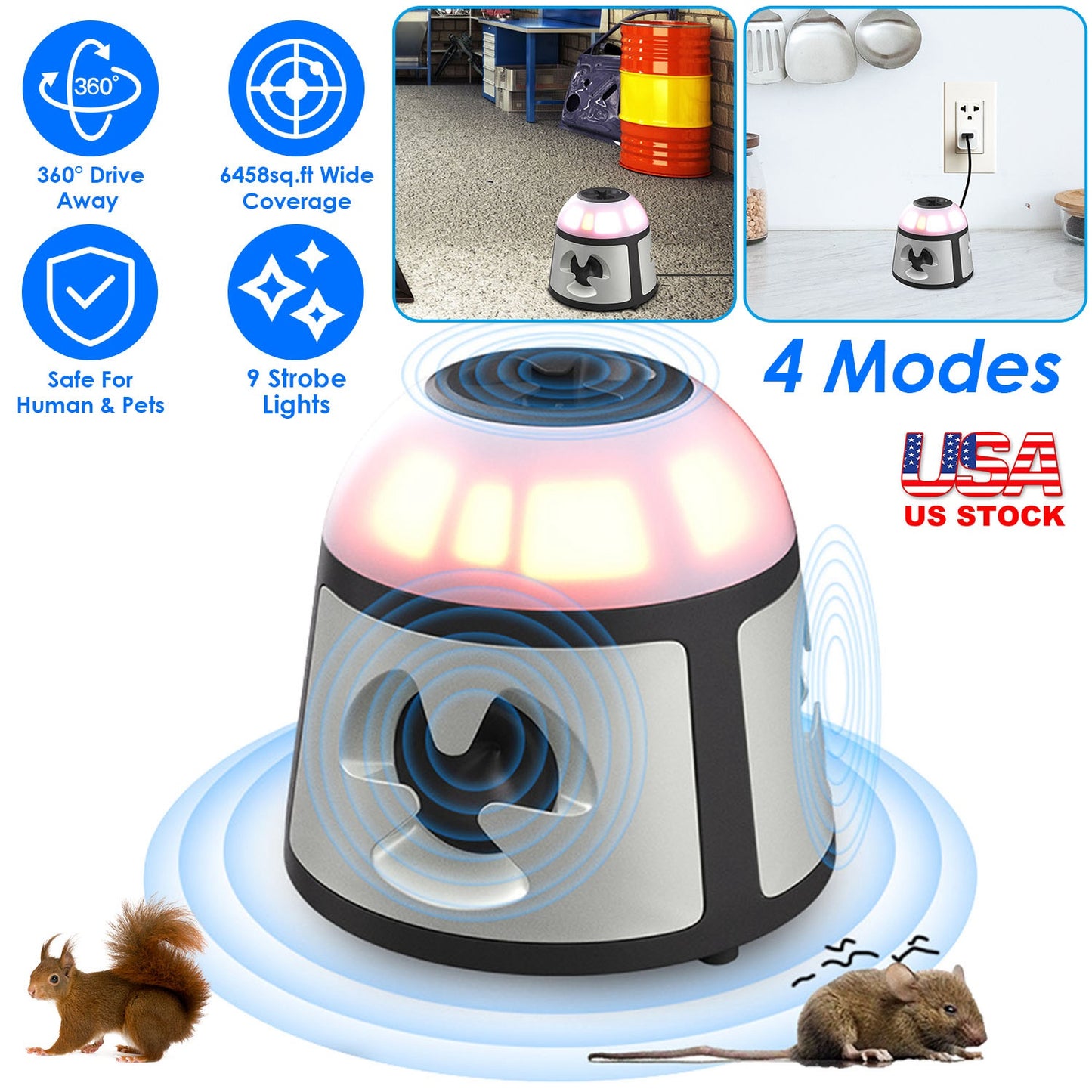 Ultrasonic Rodent Repeller with 4 Modes & Strobe Lights