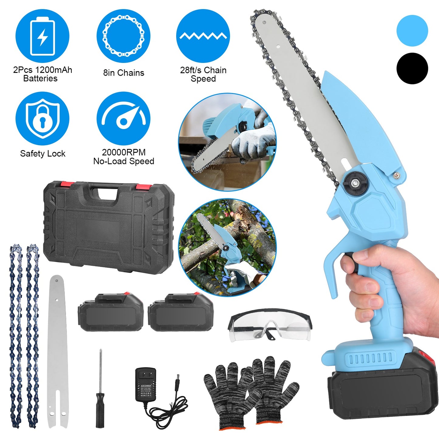 Mini Chainsaw Cordless 8-Inch with 2 Batteries and Accessories