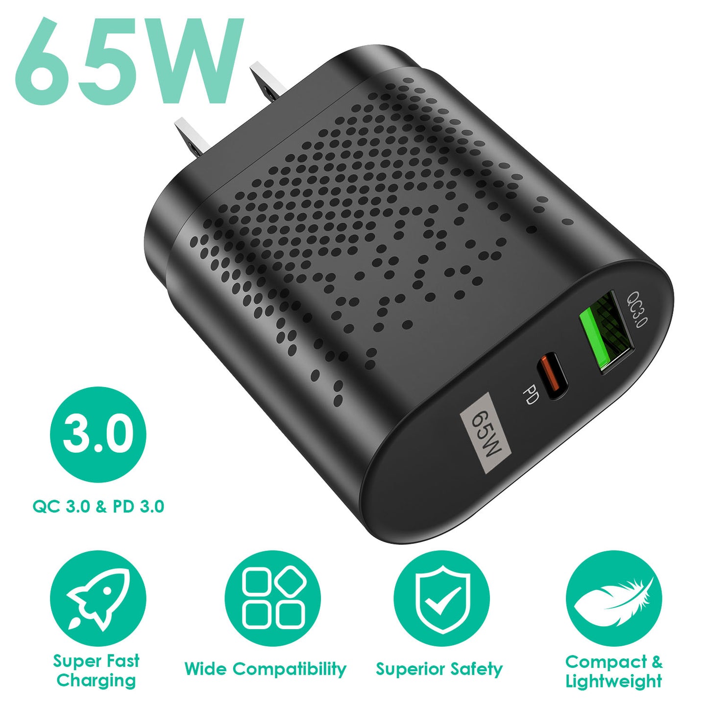 65W USB-C Fast Wall Charger with Dual Port PD 3.0