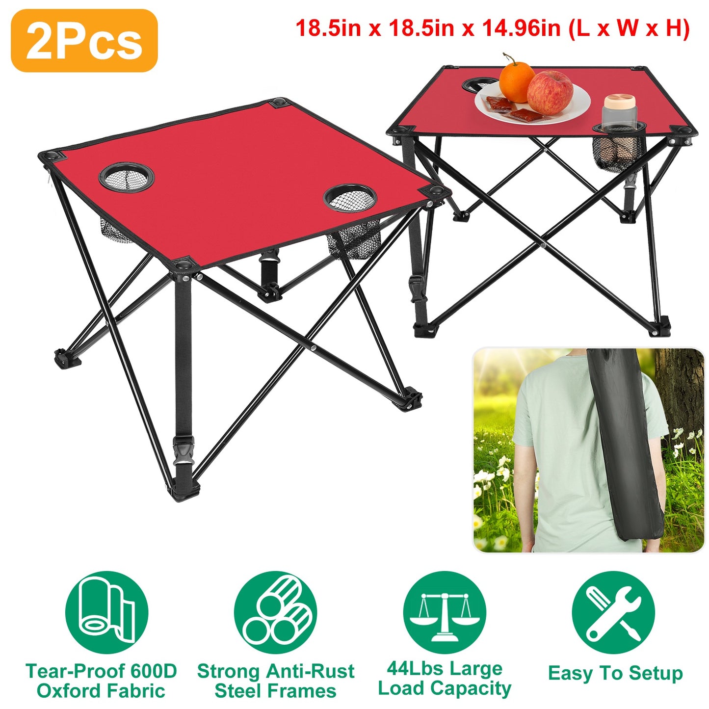 Foldable Camping Table with Cup Holders & Carry Bag (2-Pack)