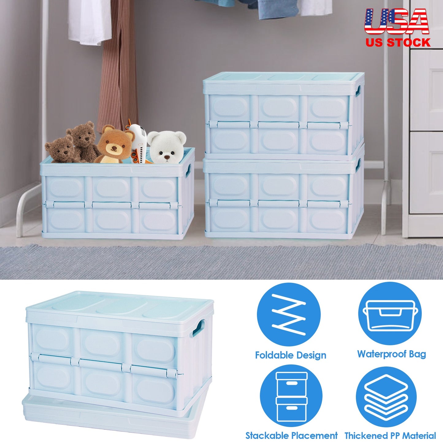 Collapsible Storage Bins with Lids - 2 Pack Stackable Organizer