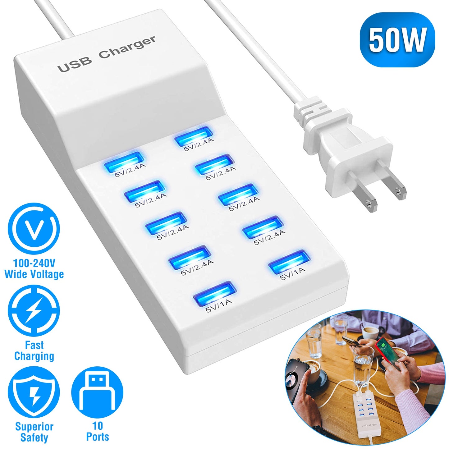 10-Port USB Charging Station Hub 50W Multi-Device Wall Charger