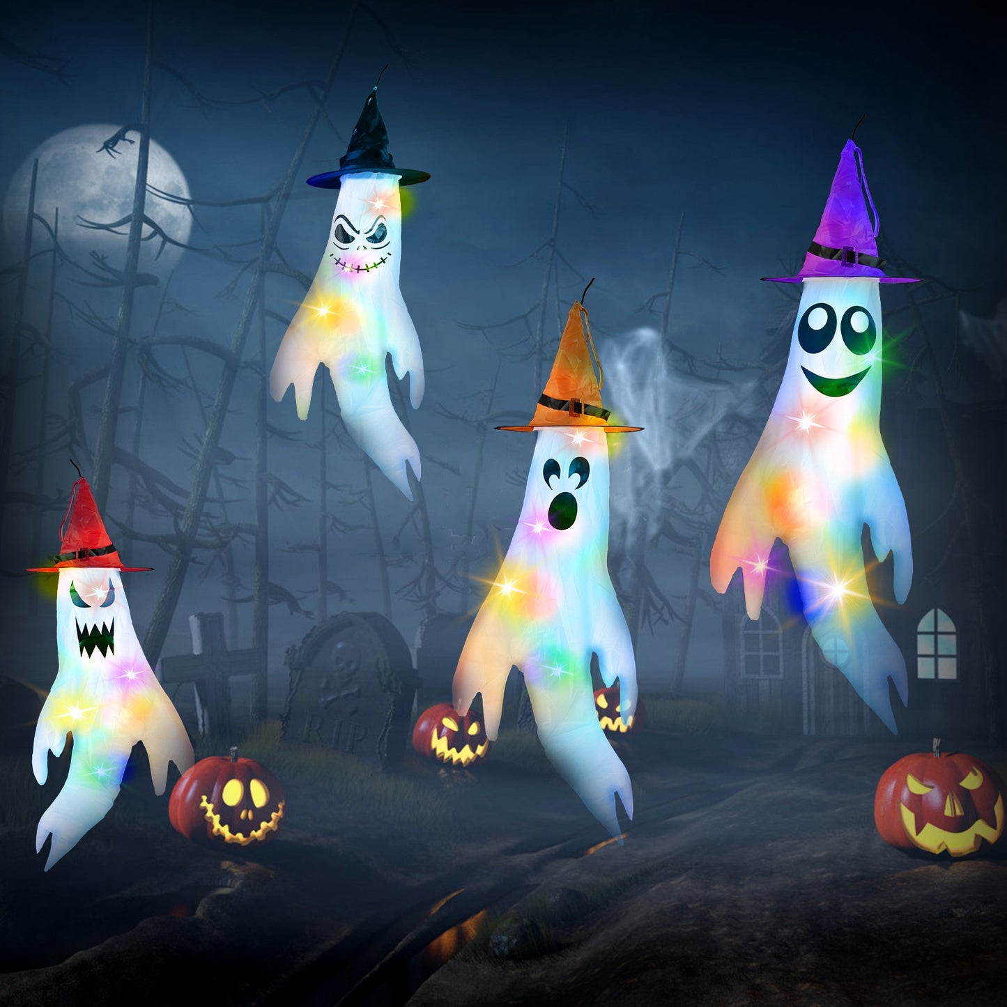 Halloween Ghost Windsocks with Witch Hats & LED Lights (4-Pack)