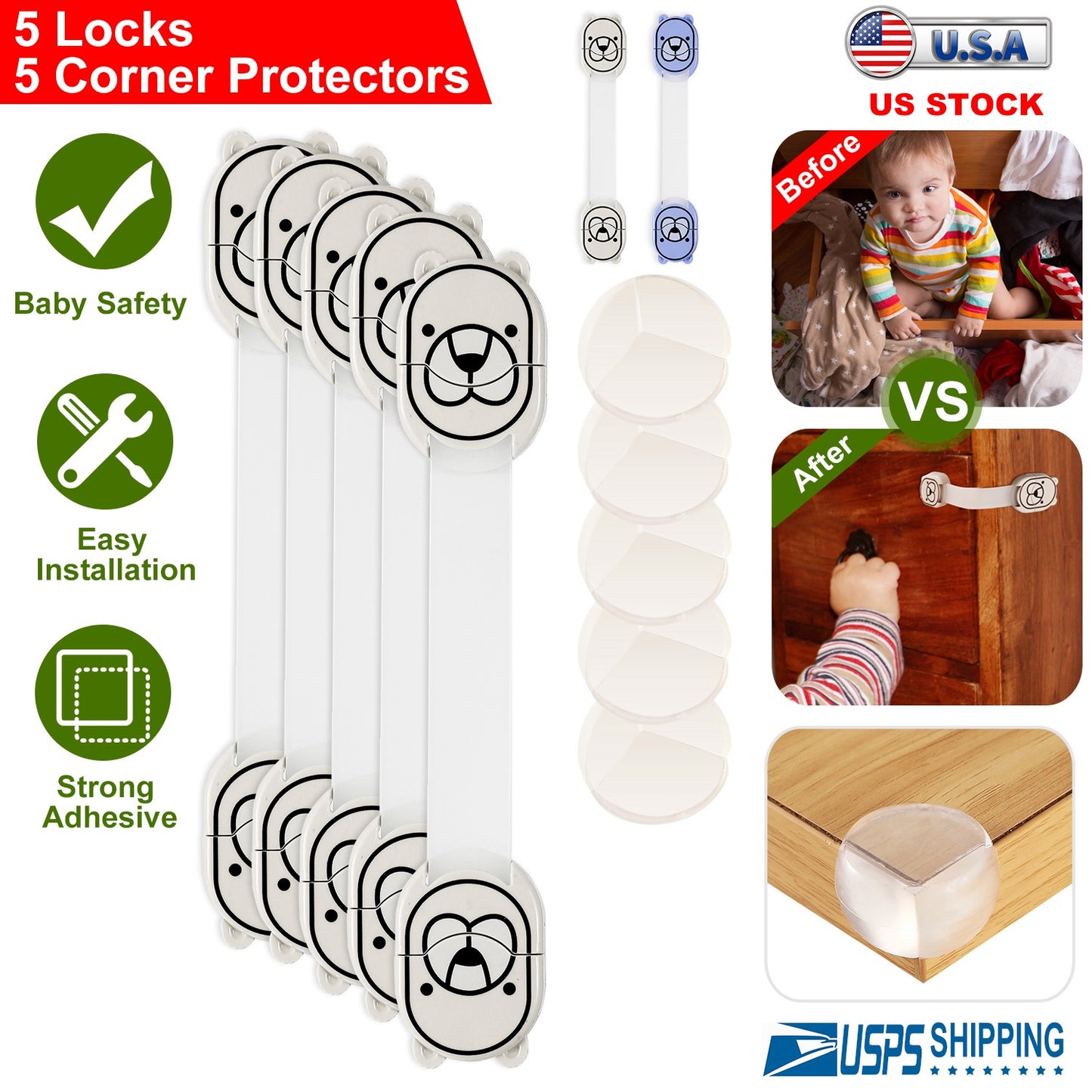 Child Safety Locks with Corner Protectors - 10 Piece Set