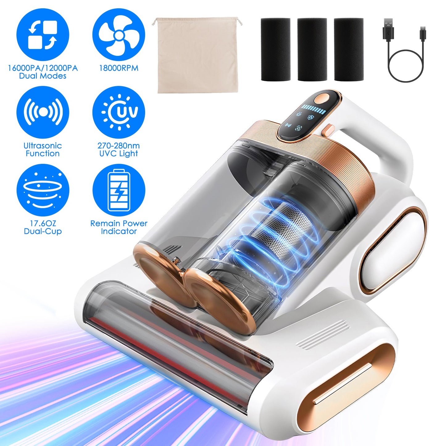 Mattress Vacuum Cleaner with UV Light & 16KPA Suction