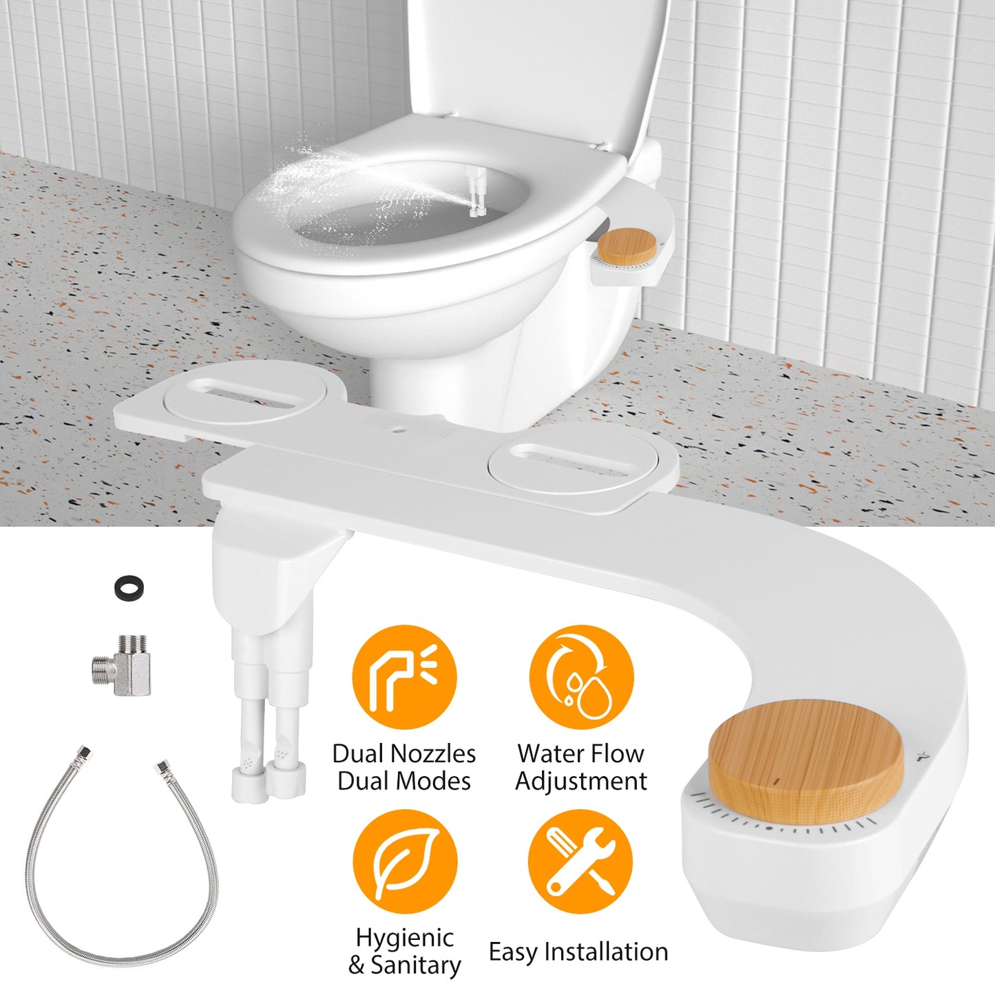 Bidet Attachment with Dual Nozzles and Water Flow Control