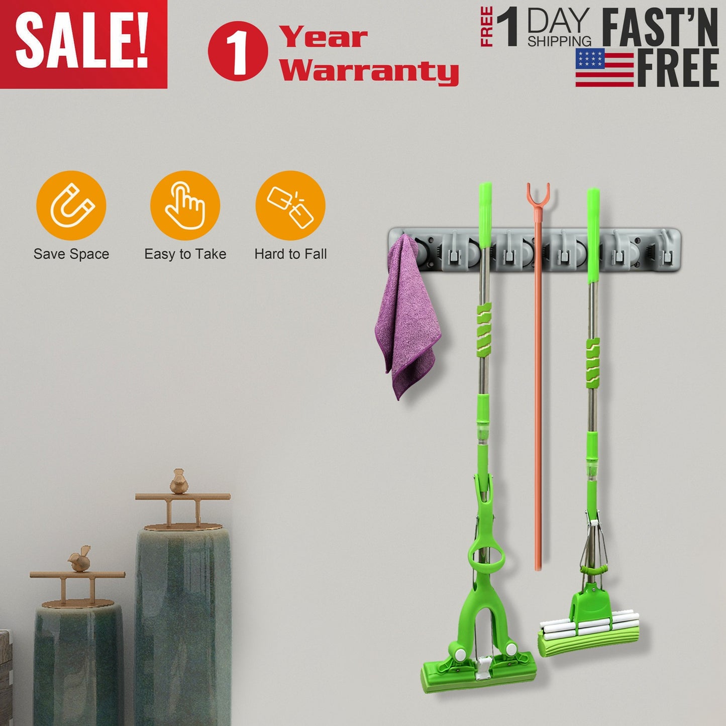 Wall Mount Mop Holder with 5 Slots and 6 Hooks