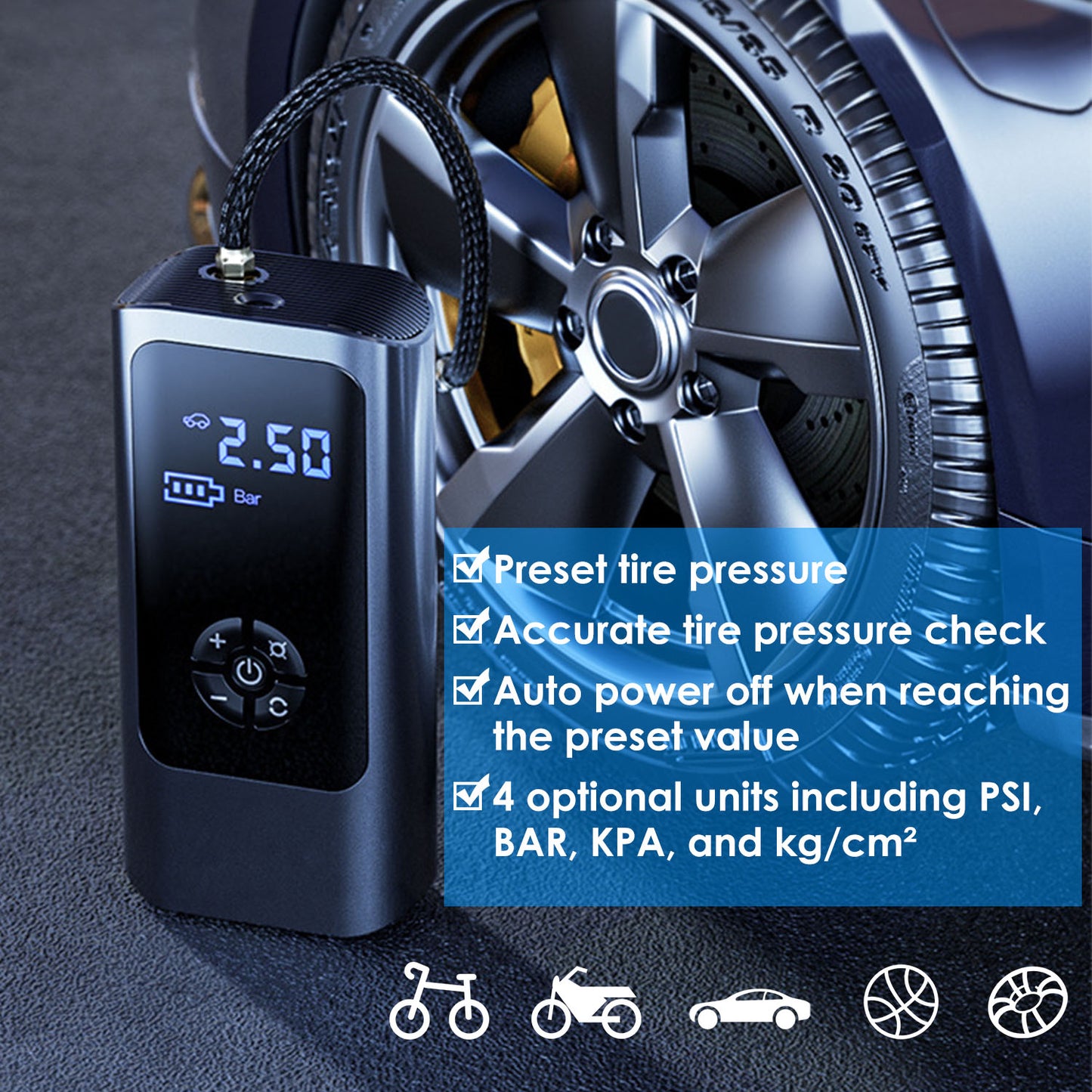 Portable Car Tire Inflator with LED Light & Digital Display