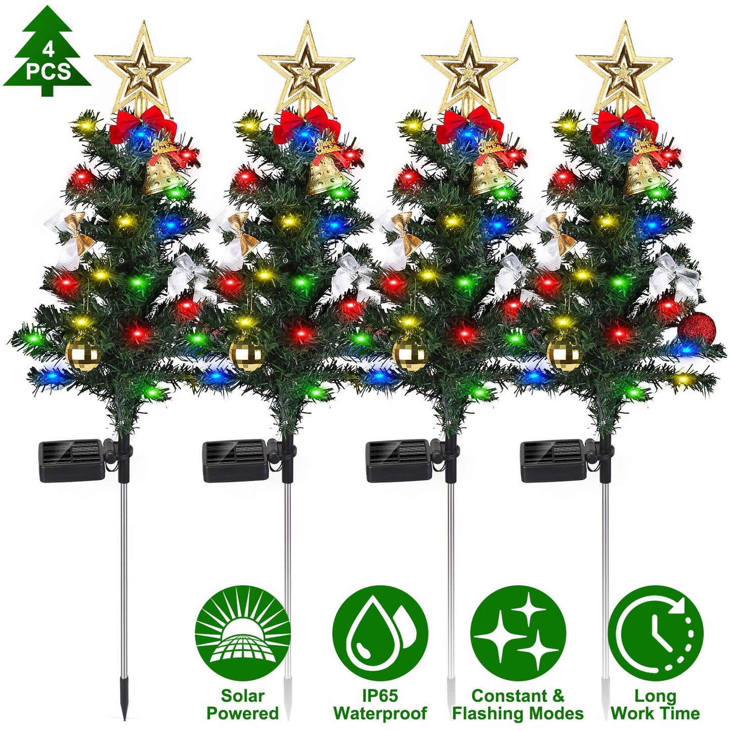 Solar Christmas Tree Lights 4-Pack with Ornaments & Stakes