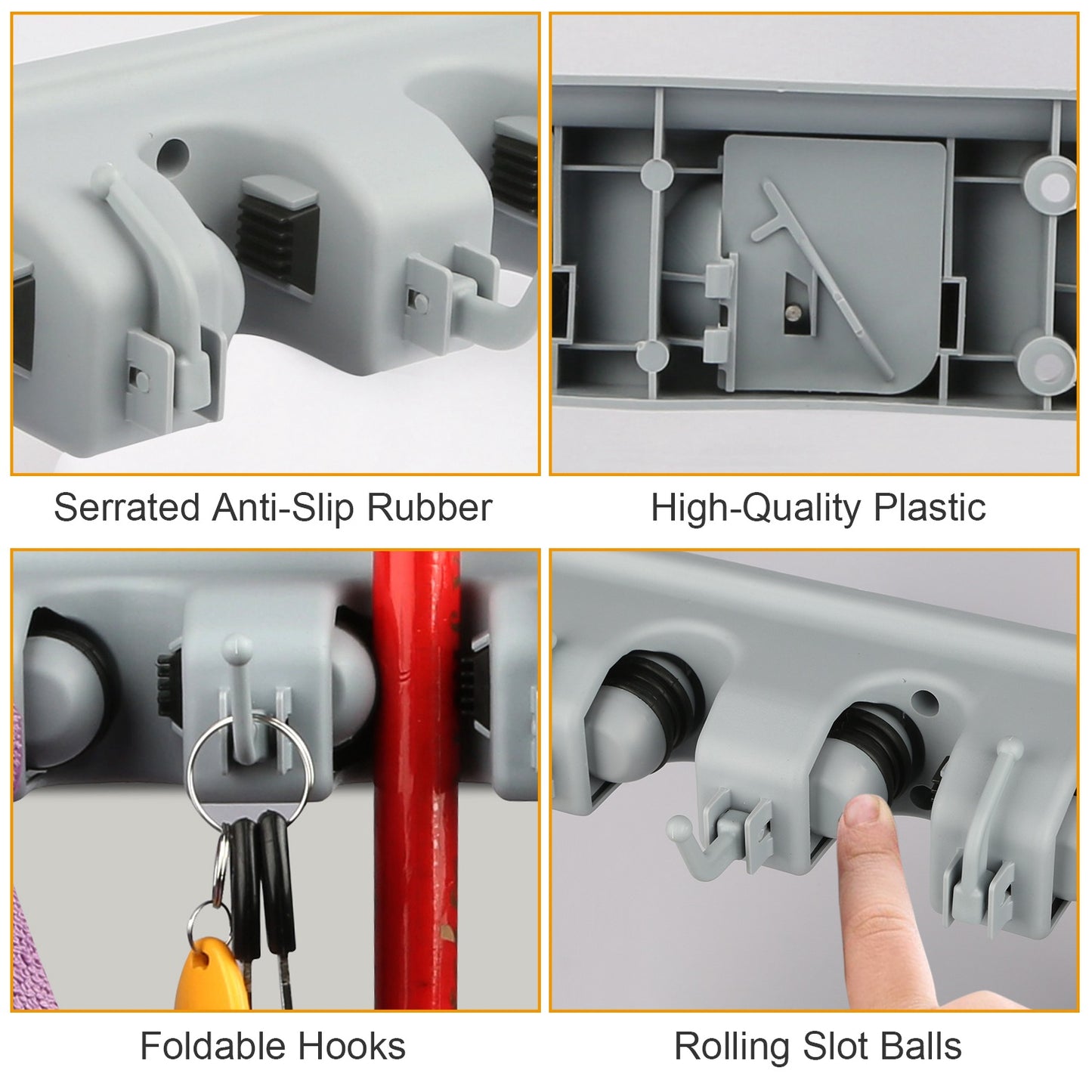Wall Mount Mop Holder with 5 Slots and 6 Hooks