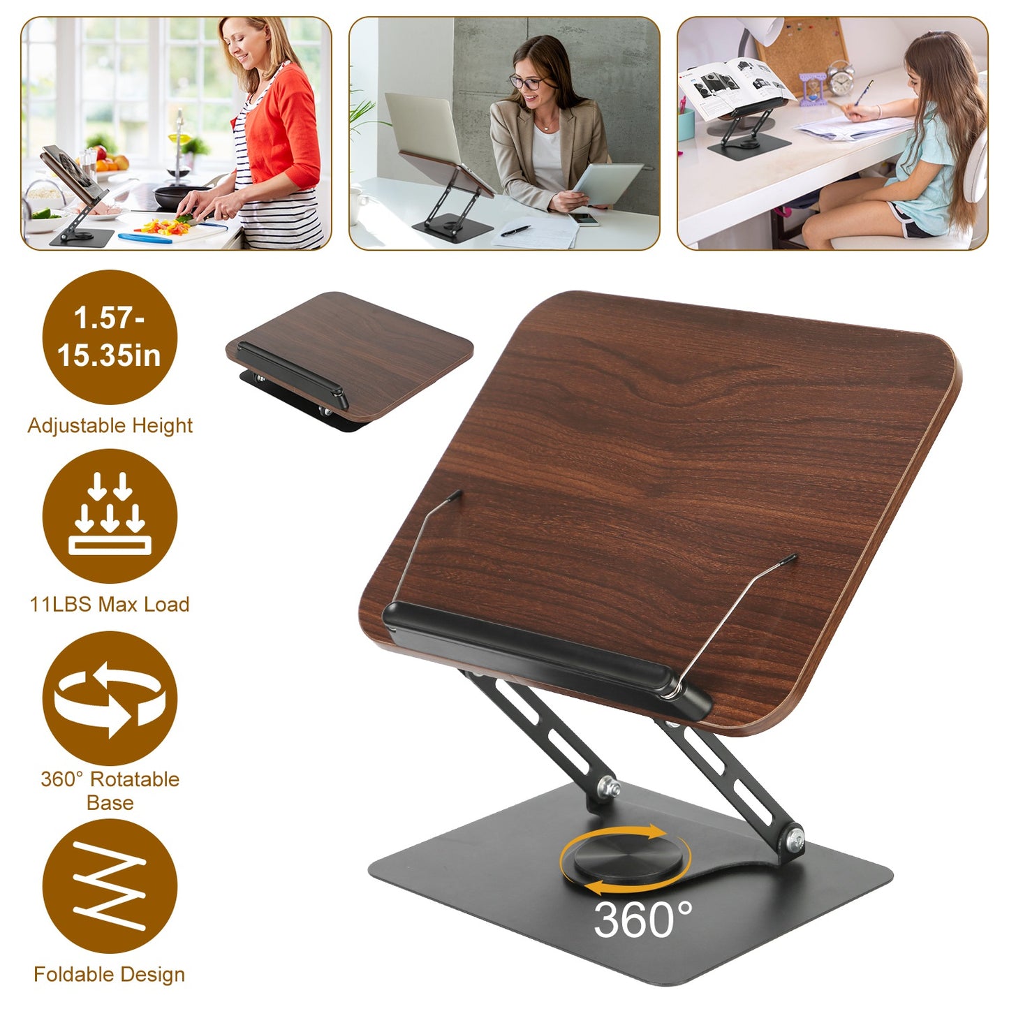 Adjustable Book Stand with 360° Rotatable Base & Paper Clips