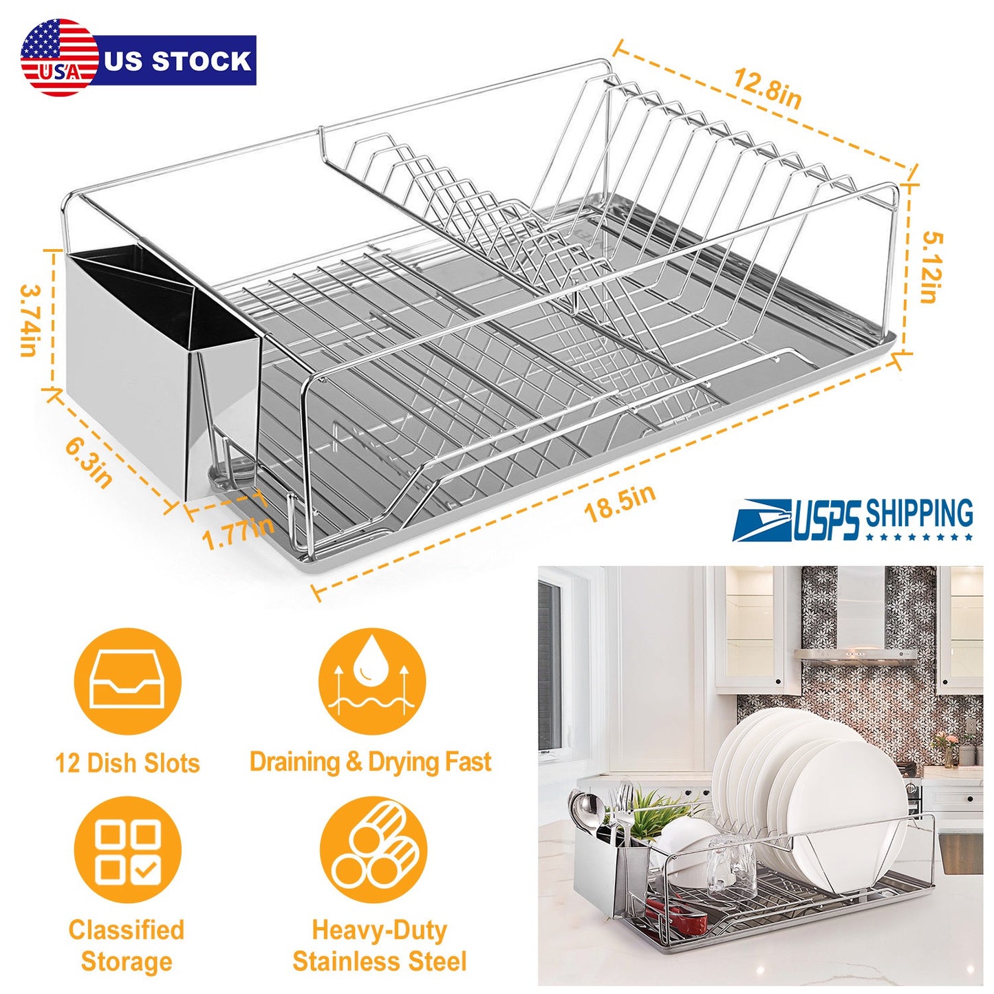 Stainless Steel Dish Drying Rack with Drainboard & Cutlery Holder