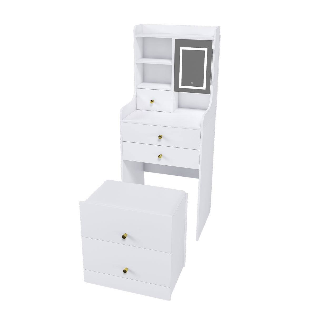 3 In 1 White Vanity Desk Set with LED Light Mirror & Hidden Storage Stool, Compact Multi-Functional Makeup Dressing Tabl