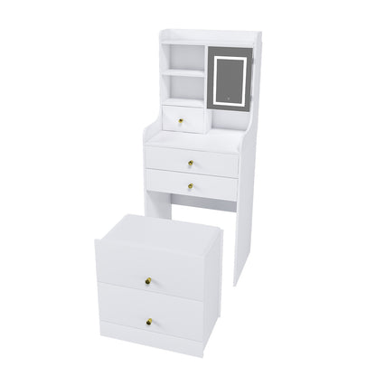 3 In 1 White Vanity Desk Set with LED Light Mirror & Hidden Storage Stool, Compact Multi-Functional Makeup Dressing Tabl