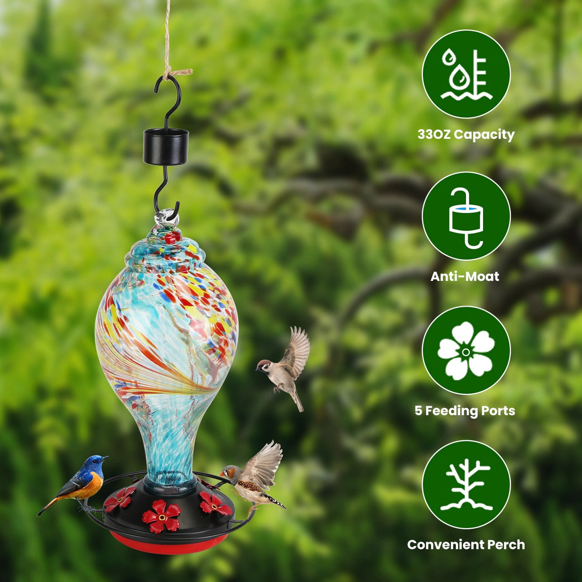 Glass Hummingbird Feeder 33OZ Hand Blown Hummingbird Feeder with 5 Flower Feeding Port Perch Ant Moat Hanging Hook S Hook Hemp Rope Cleaning Brush for