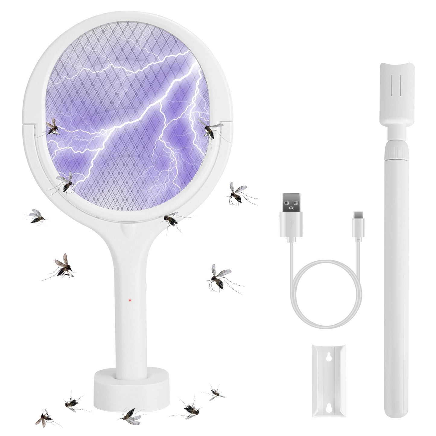 Electric Bug Zapper Racket with 90° Rotating Head & Extension