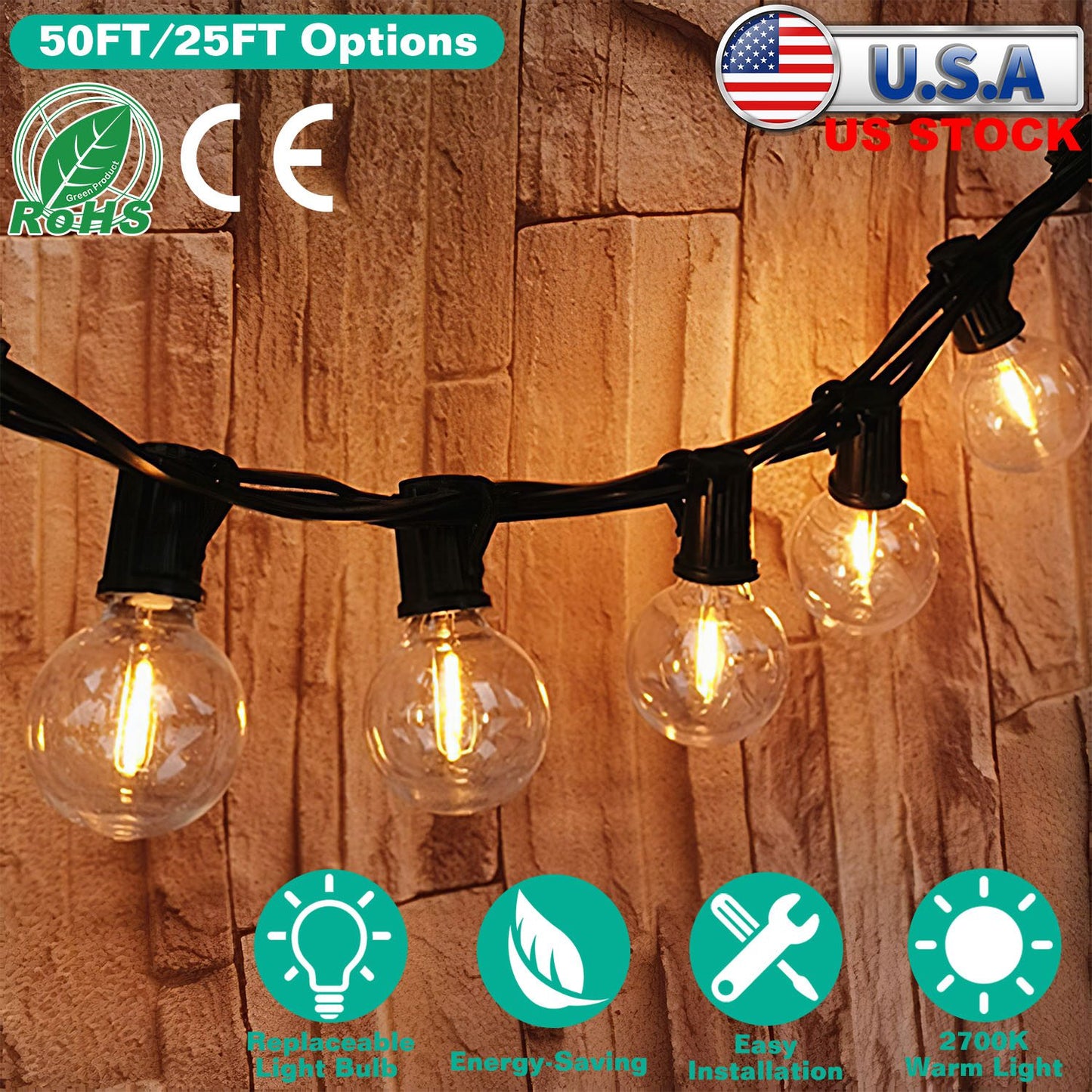 Globe String Lights 25FT Outdoor Indoor with 25 Warm Bulbs