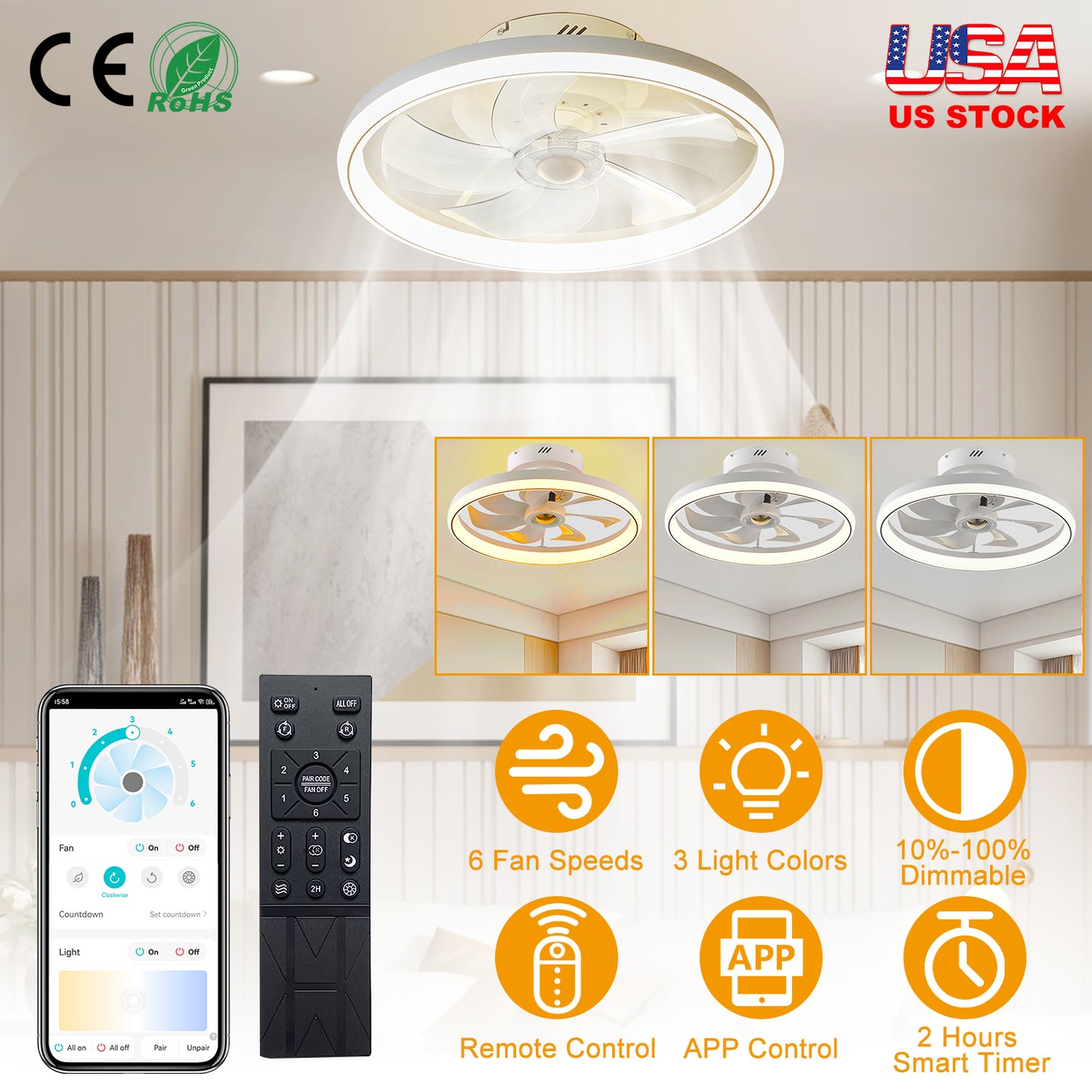LED Ceiling Fan with Light 19.7in 6-Speed Remote & APP Control