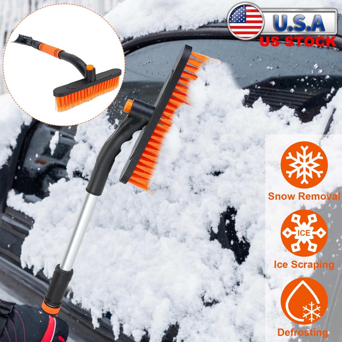 Extendable Snow Brush and Ice Scraper with Pivoting Head