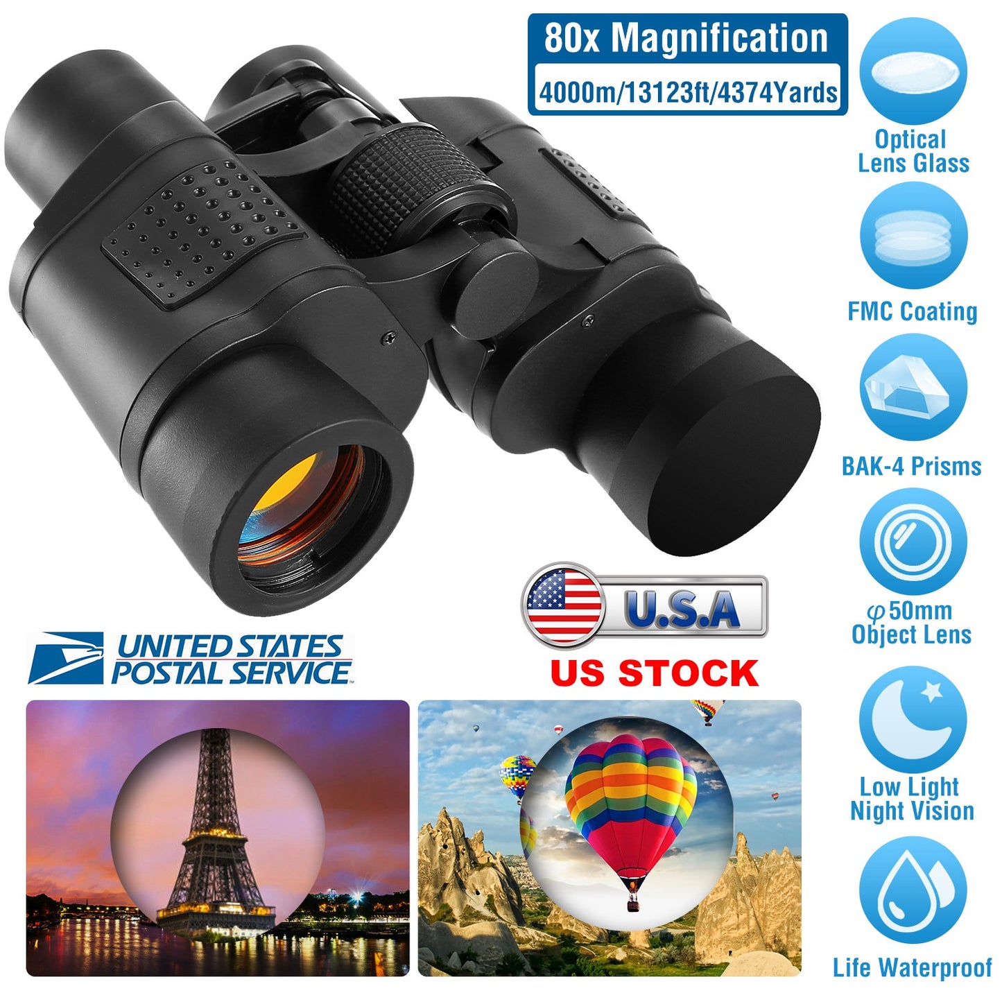 80x50 HD Binoculars with FMC Lens and Low Light Vision