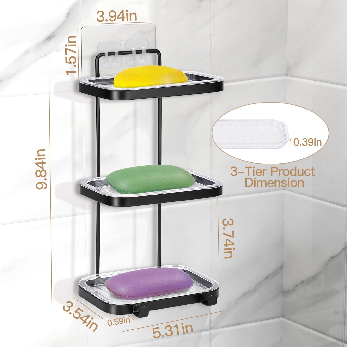 Wall Mounted Soap Dish Holder with Removable Tray & 2 Hooks