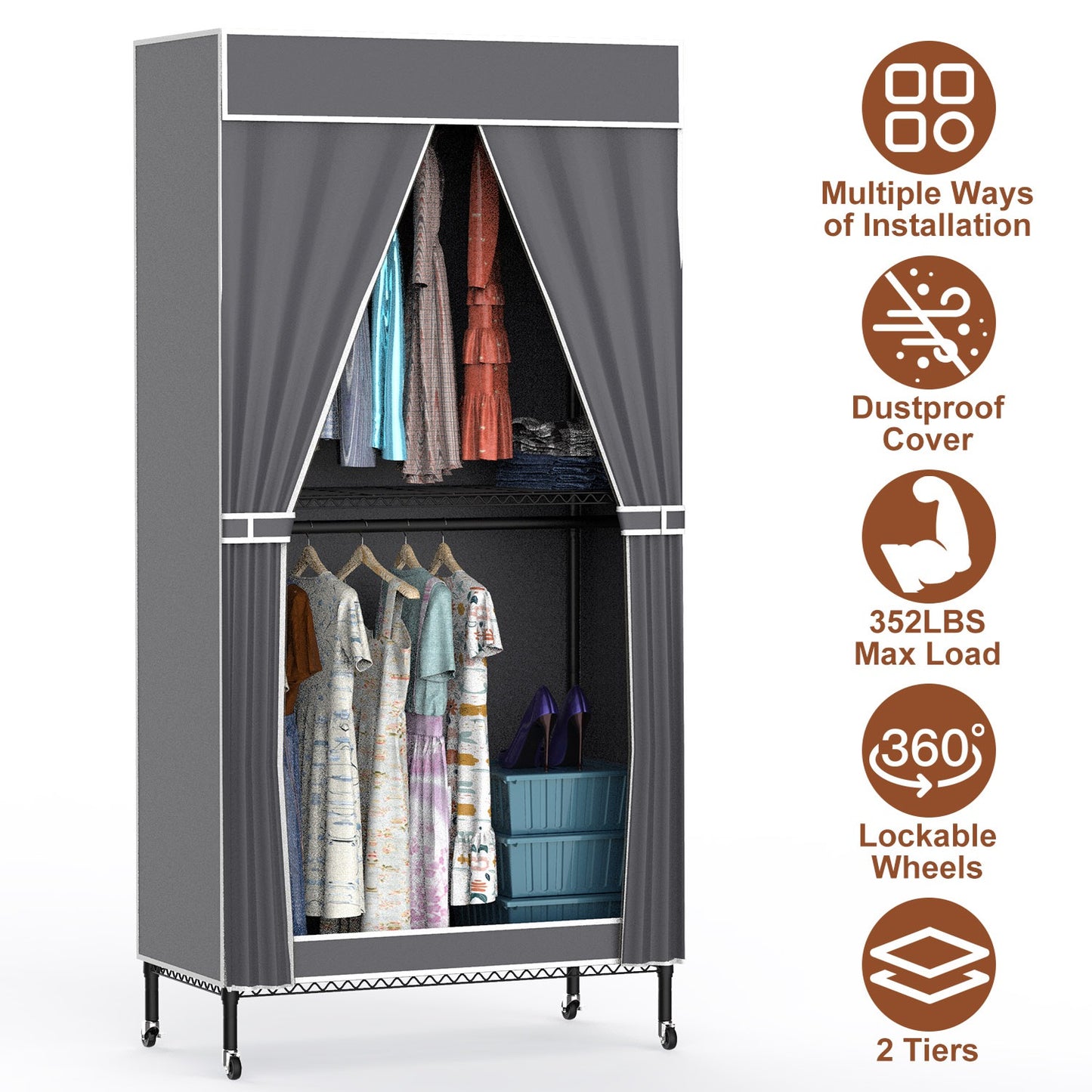 2-Tier Portable Clothing Rack with Cover and Wheels