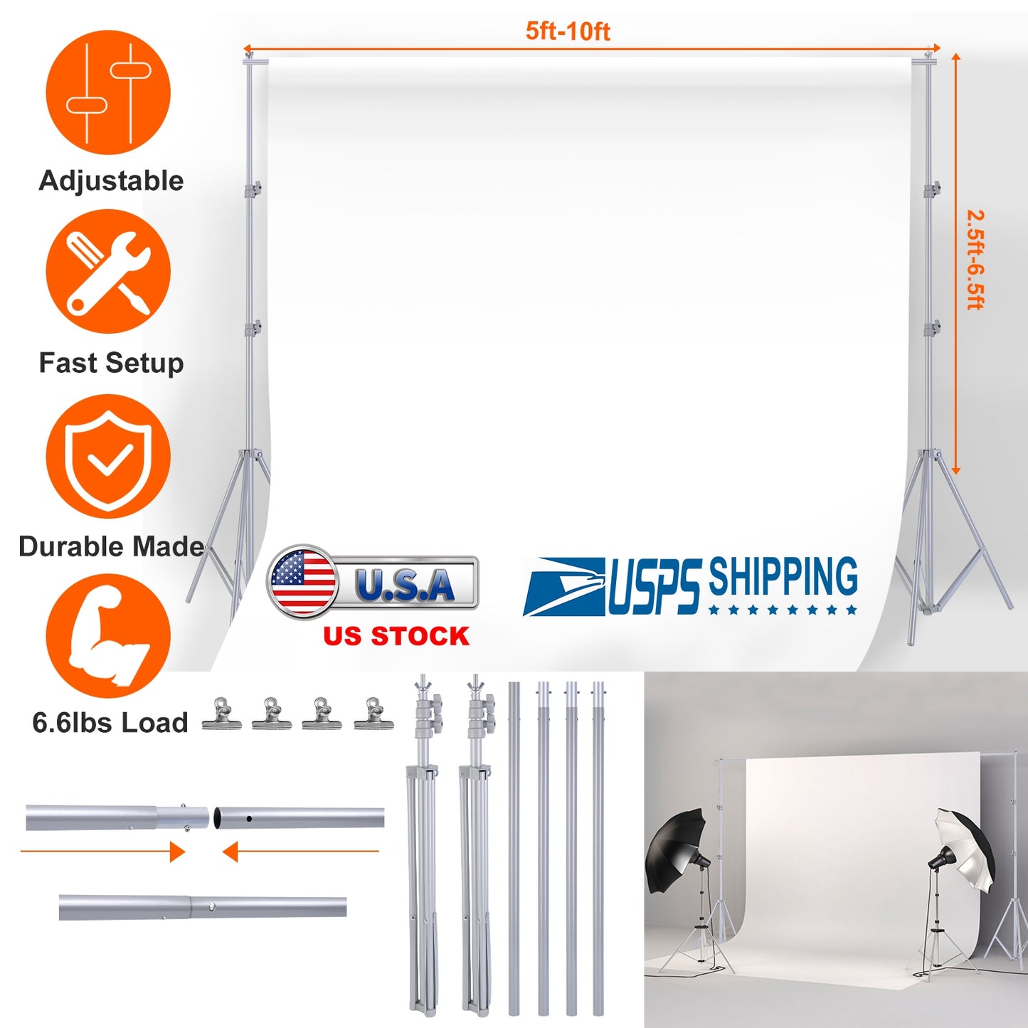 Backdrop Stand 6.5x10ft Adjustable Photography Support System