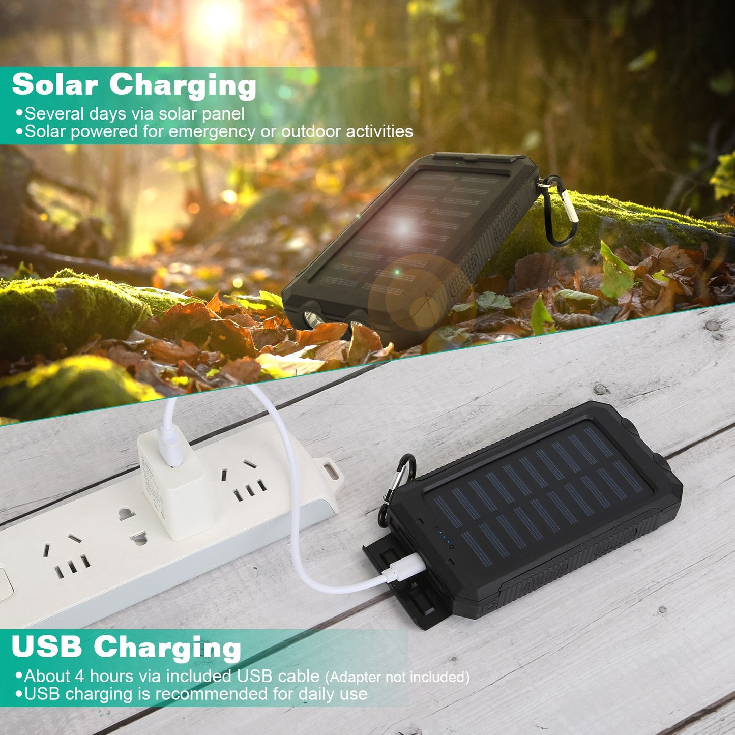 10000mAh Solar Power Bank with Dual USB Ports and LED Flashlight