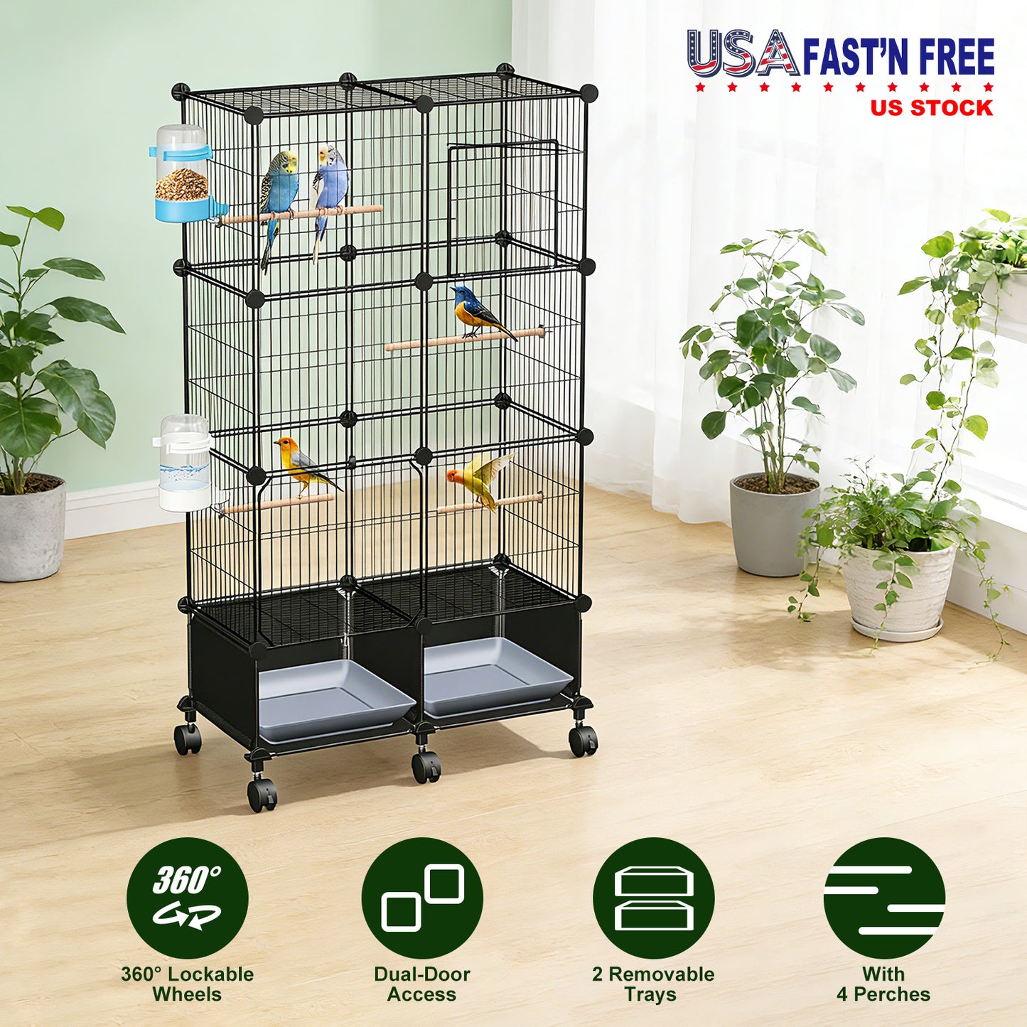 46in Bird Cage with Wooden Perches and Lockable Wheels