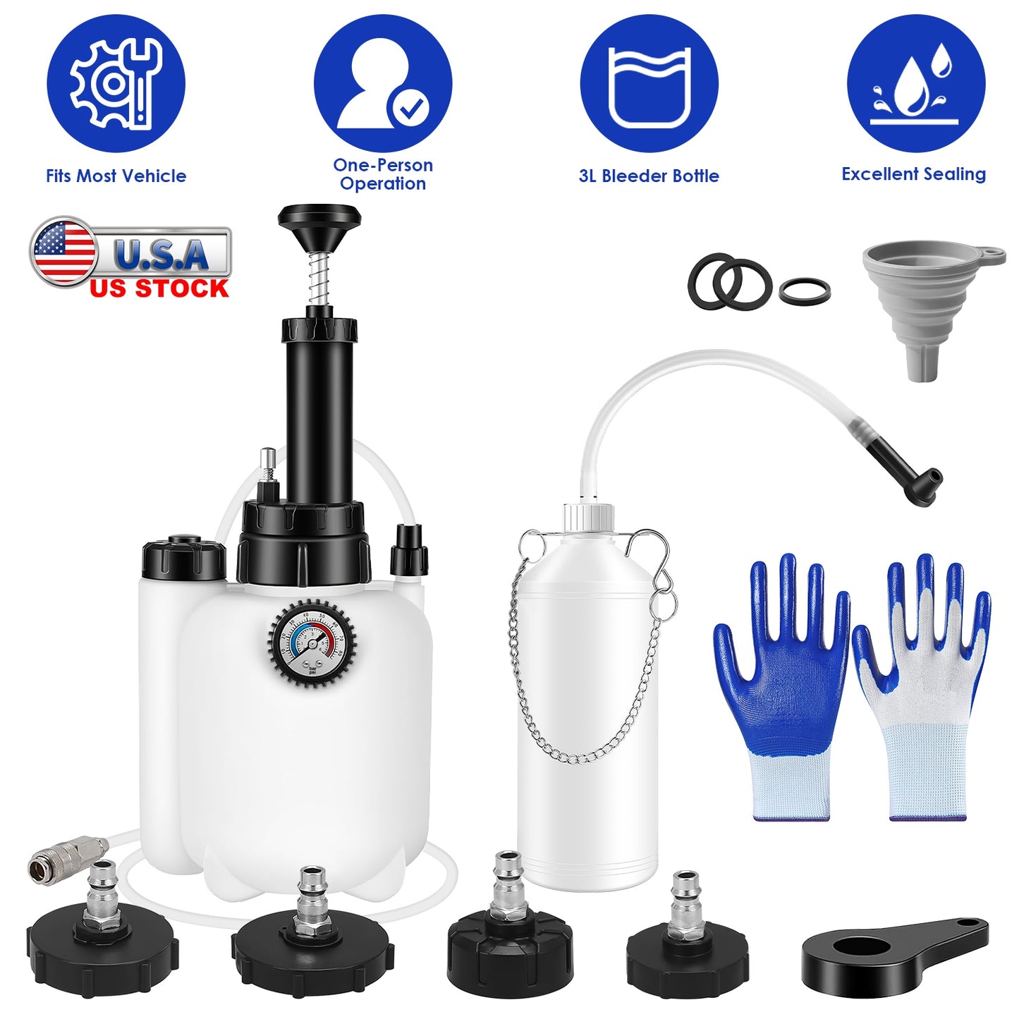 3L Manual Brake Bleeder Kit with 4 Adapter Caps