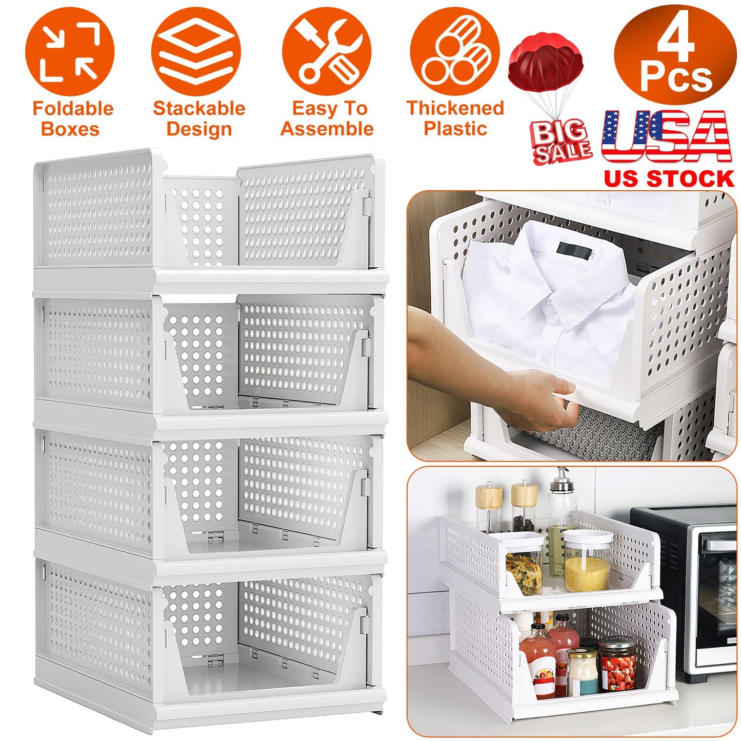 Plastic Storage Bins with Slide Rails - 4 Pack Stackable