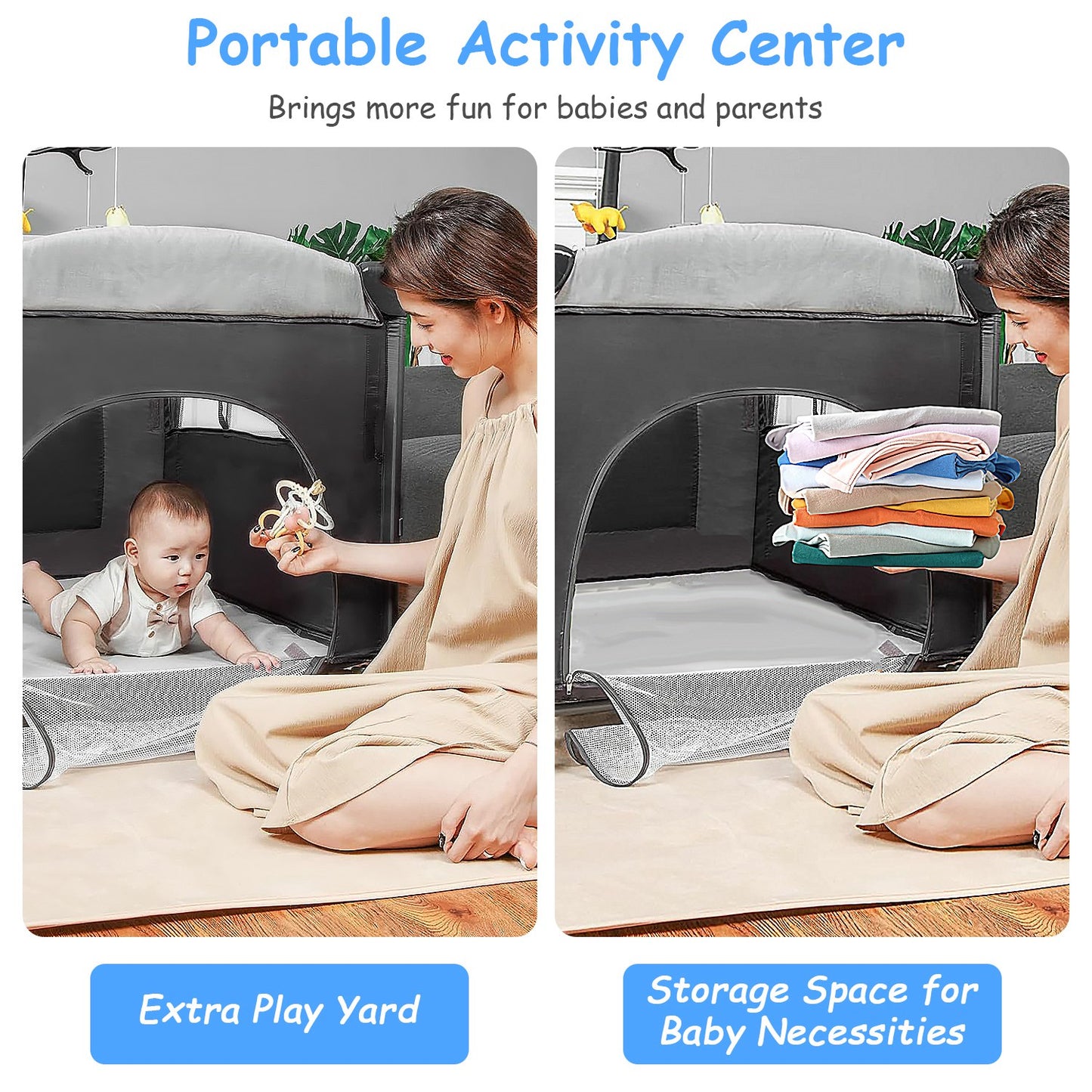 6-in-1 Foldable Baby Crib with Changing Table & Activity Center