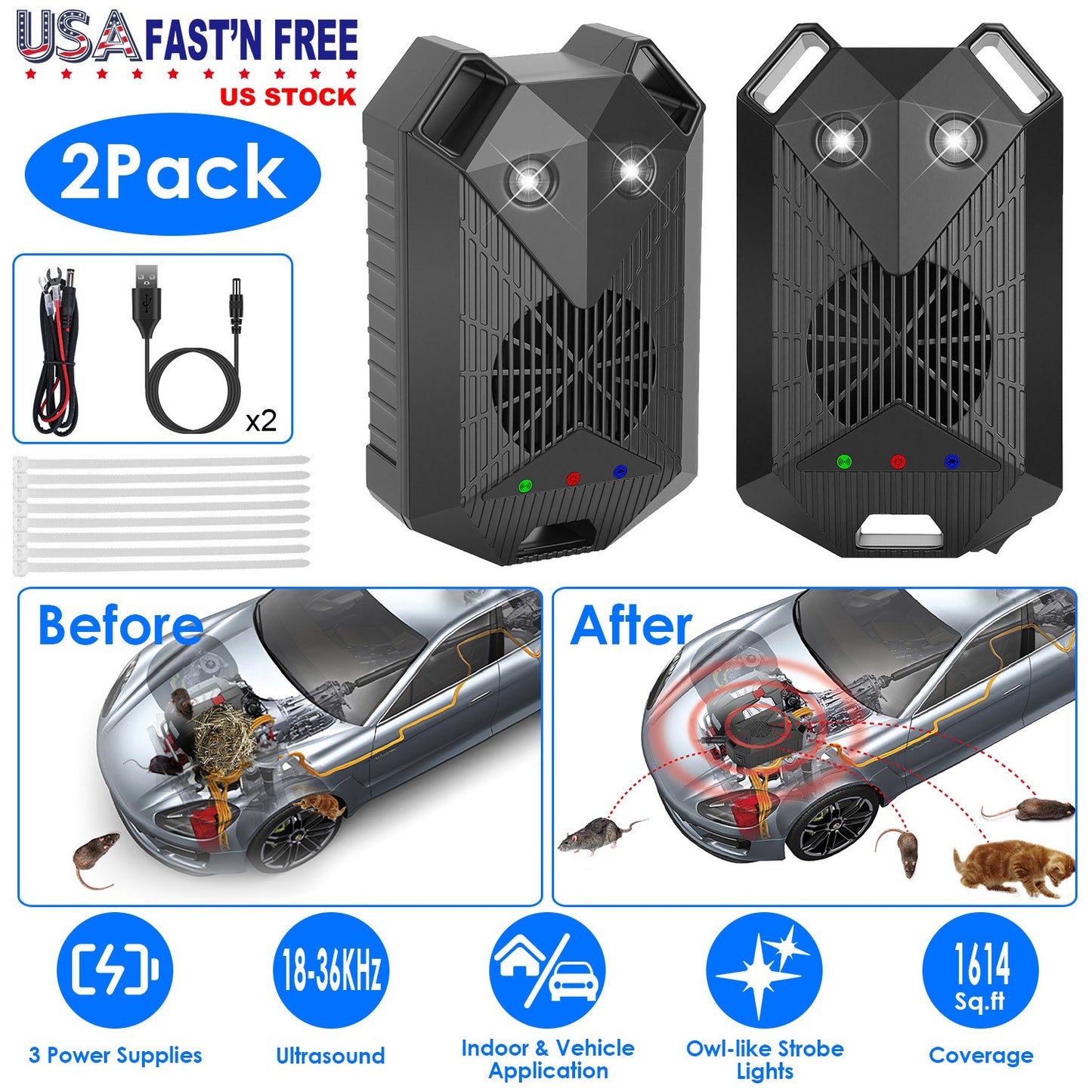 Ultrasonic Rodent Repeller 2-Pack for Vehicles with Strobe Light