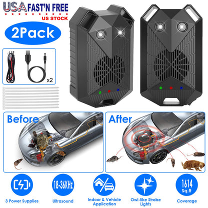 Ultrasonic Rodent Repeller 2-Pack for Vehicles with Strobe Light