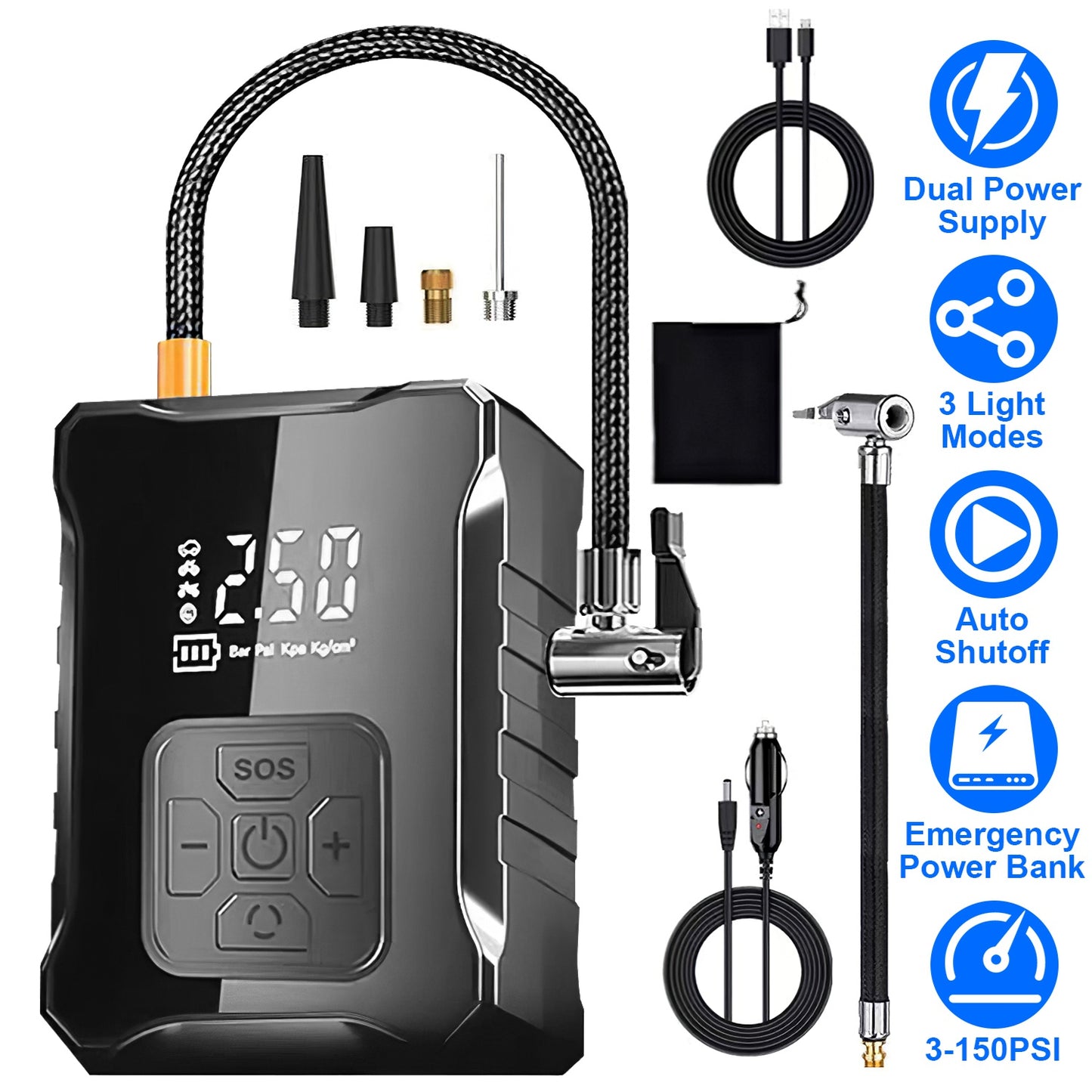 Cordless Tire Inflator 150PSI with LED Light & Power Bank